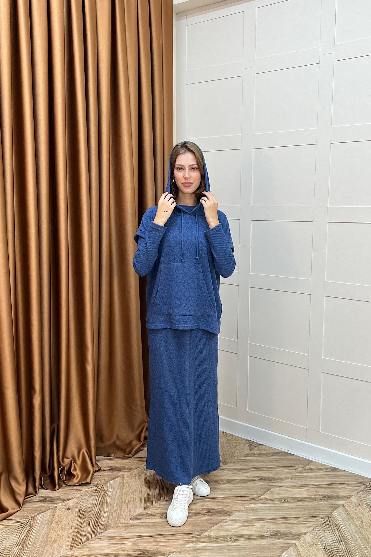 Viyana Kapüşonlu İkili Triko Elbise Mavi