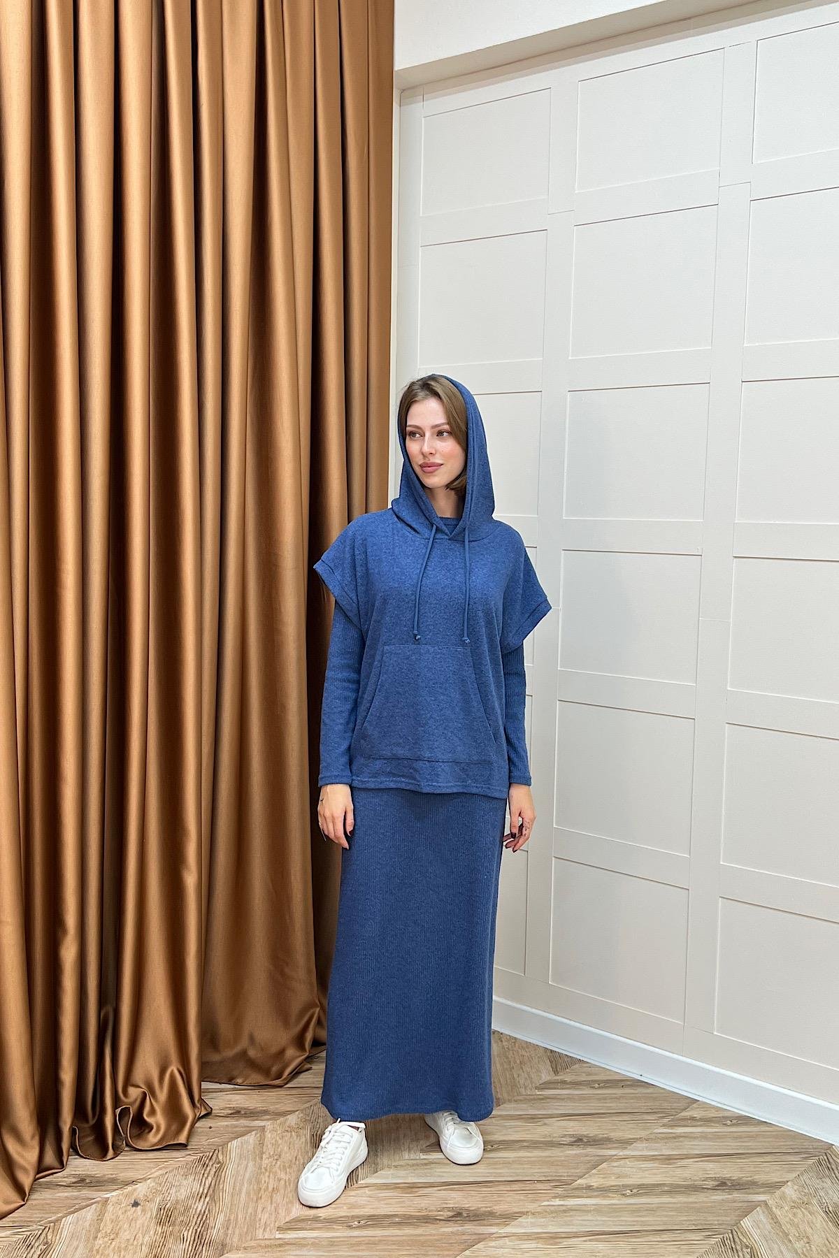 Viyana Kapüşonlu İkili Triko Elbise Mavi