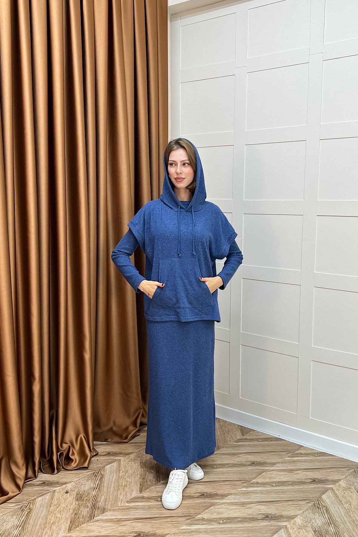 Viyana Kapüşonlu İkili Triko Elbise Mavi