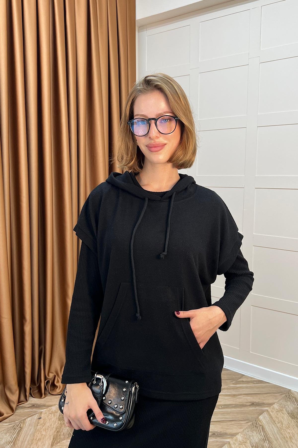 Viyana Kapüşonlu İkili Triko Elbise Siyah