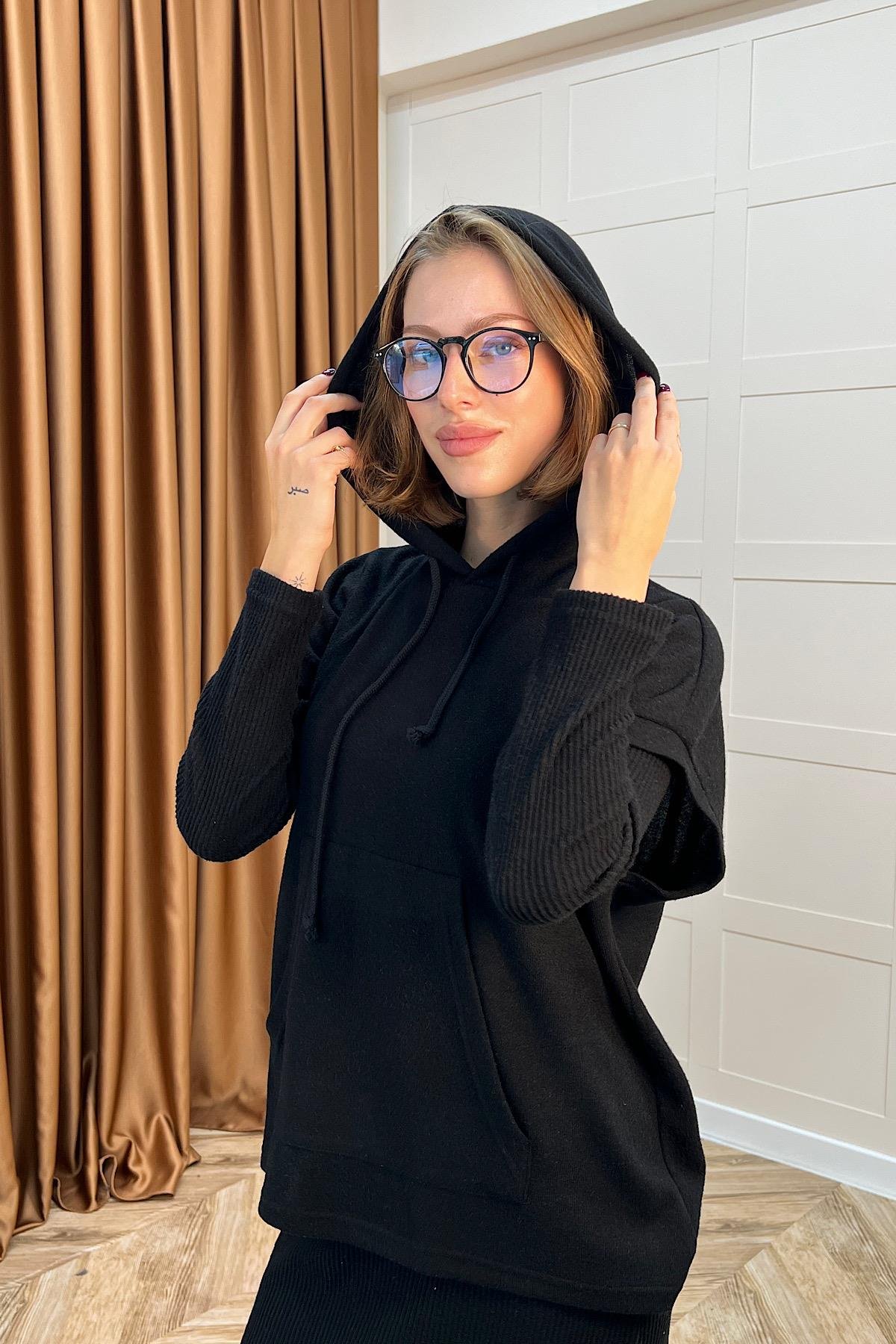 Viyana Kapüşonlu İkili Triko Elbise Siyah