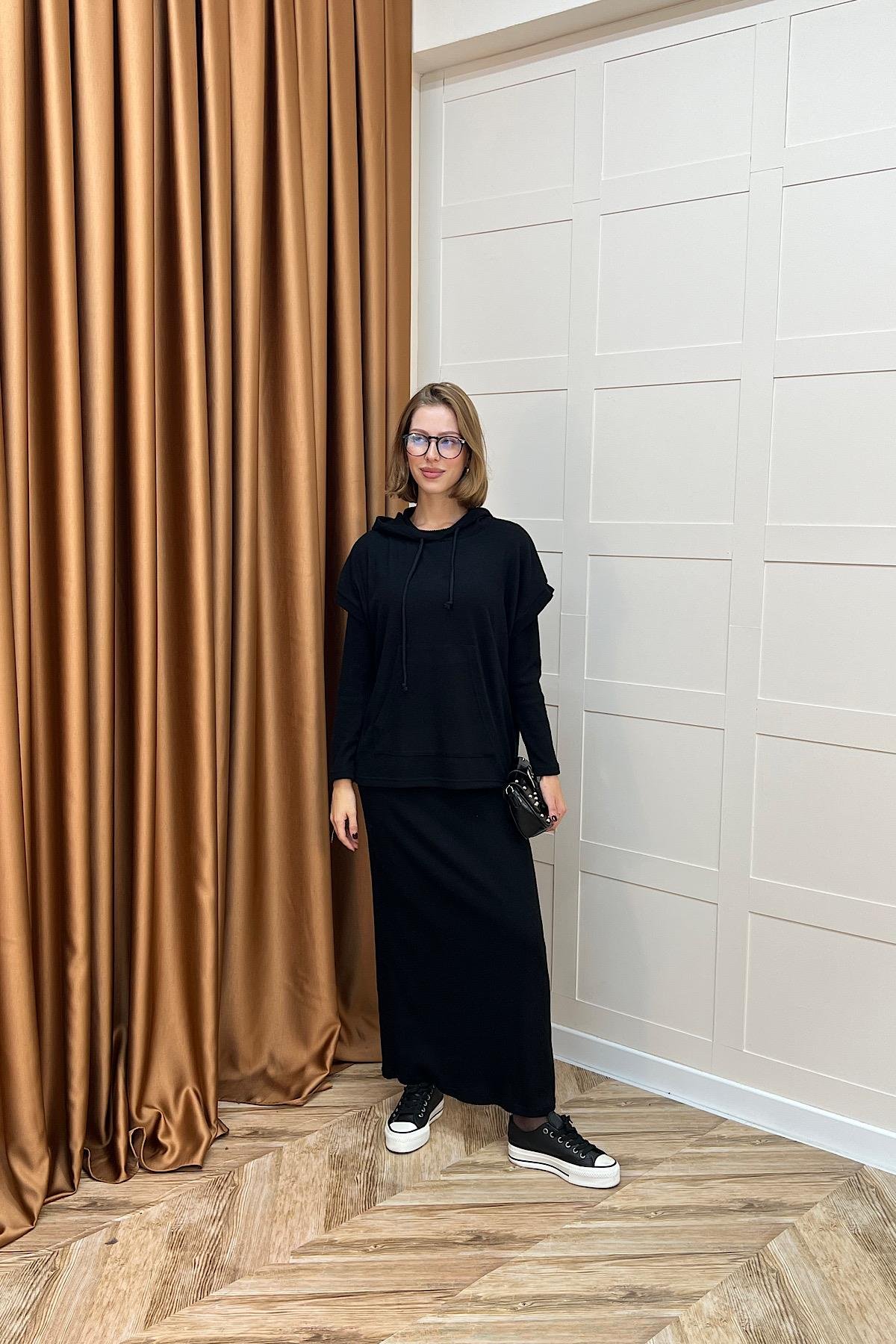 Viyana Kapüşonlu İkili Triko Elbise Siyah