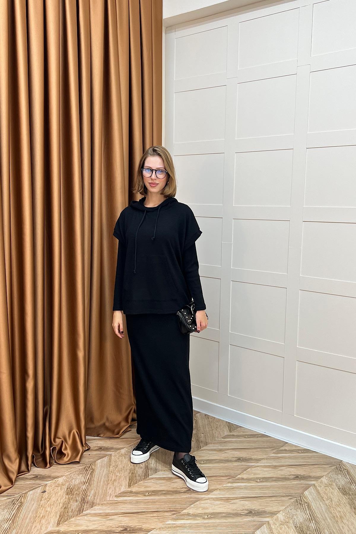 Viyana Kapüşonlu İkili Triko Elbise Siyah