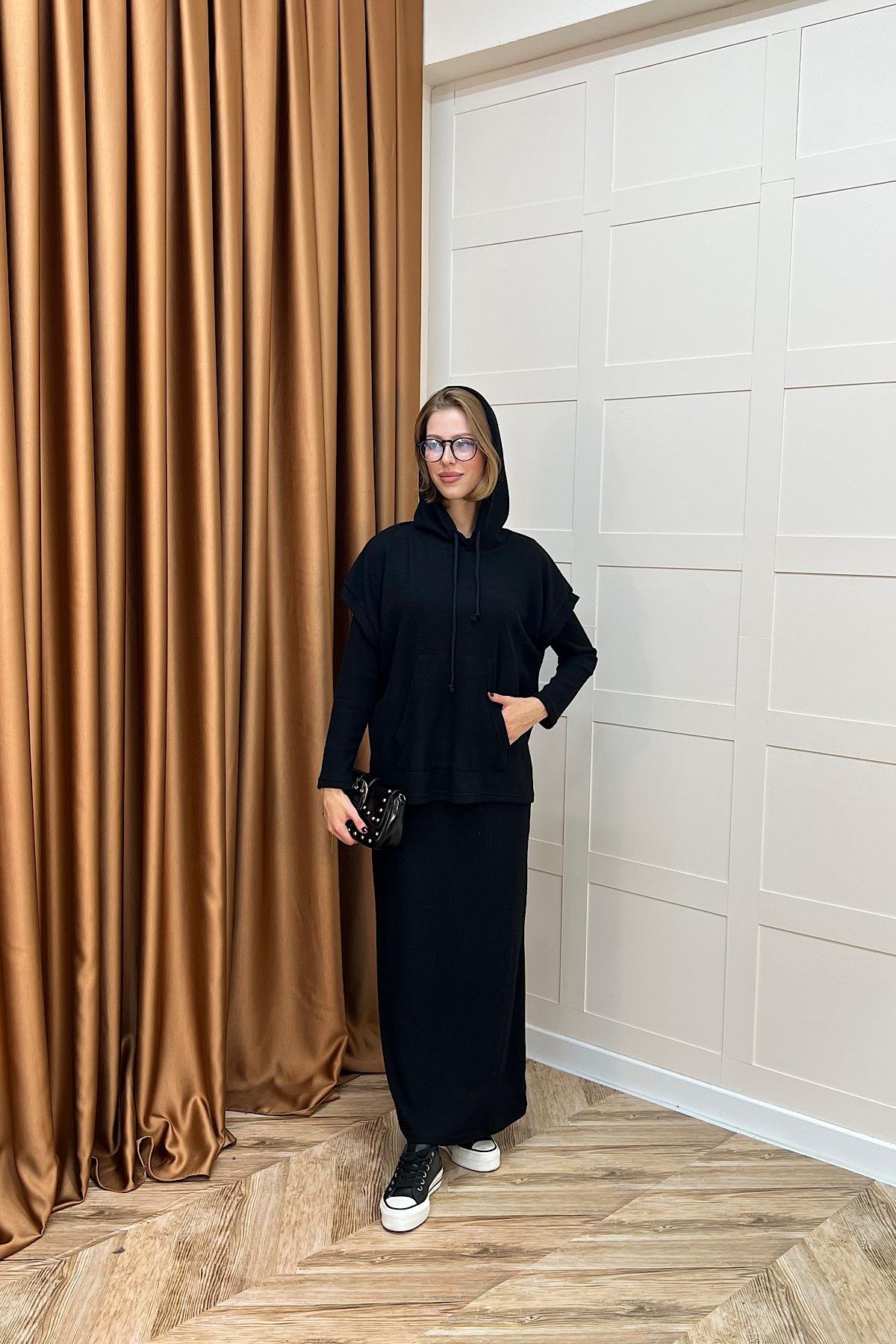 Viyana Kapüşonlu İkili Triko Elbise Siyah