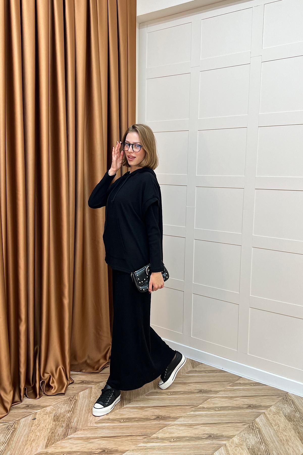 Viyana Kapüşonlu İkili Triko Elbise Siyah