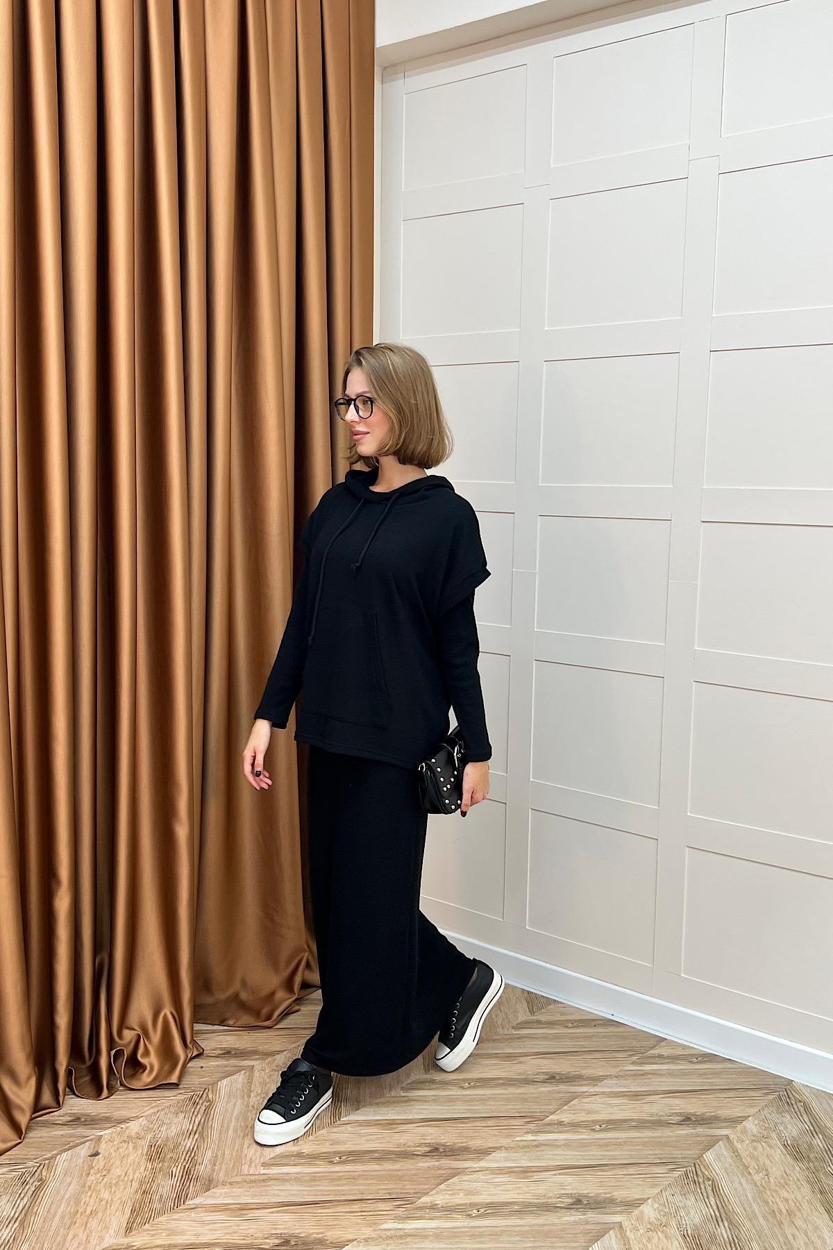 Viyana Kapüşonlu İkili Triko Elbise Siyah