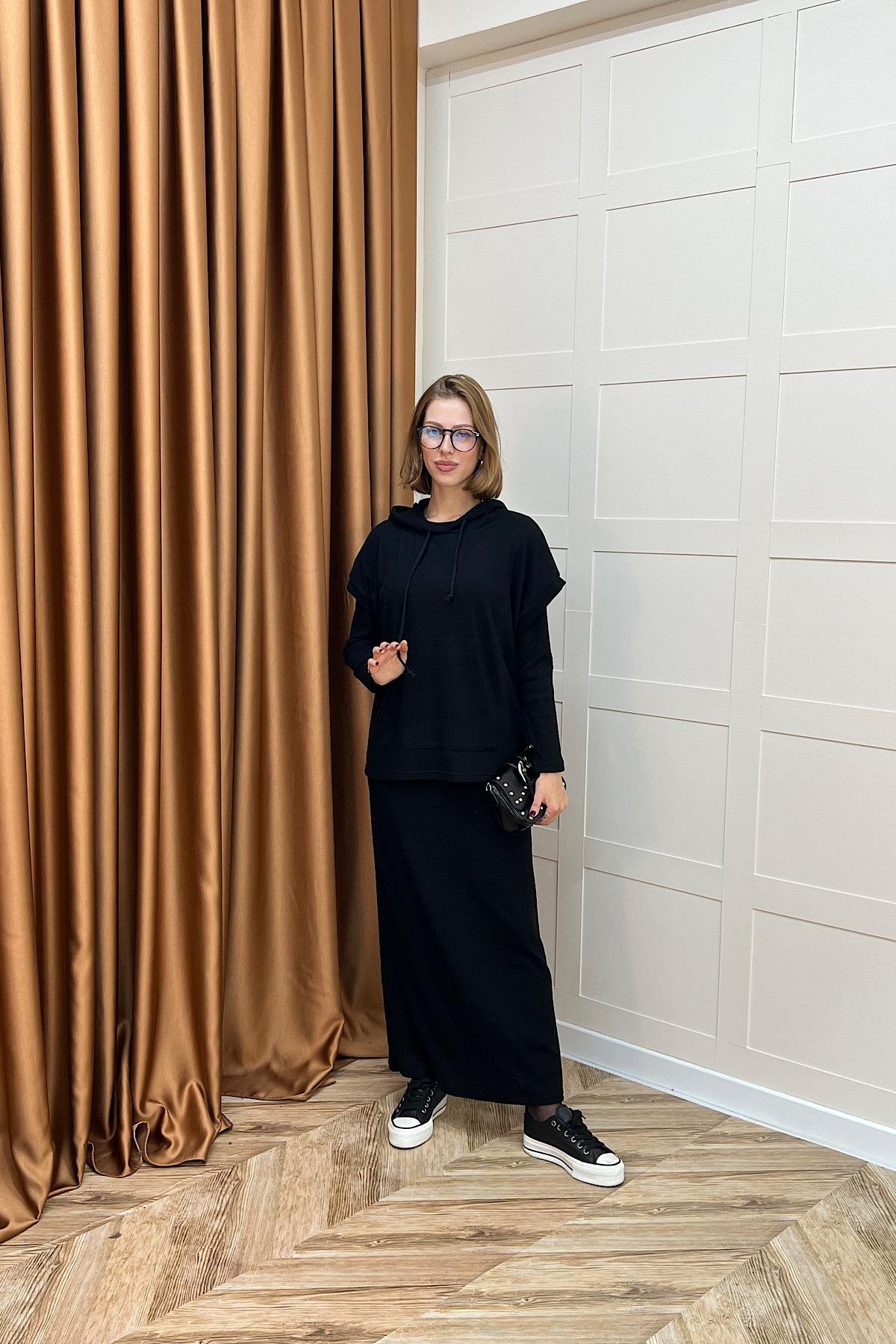 Viyana Kapüşonlu İkili Triko Elbise Siyah