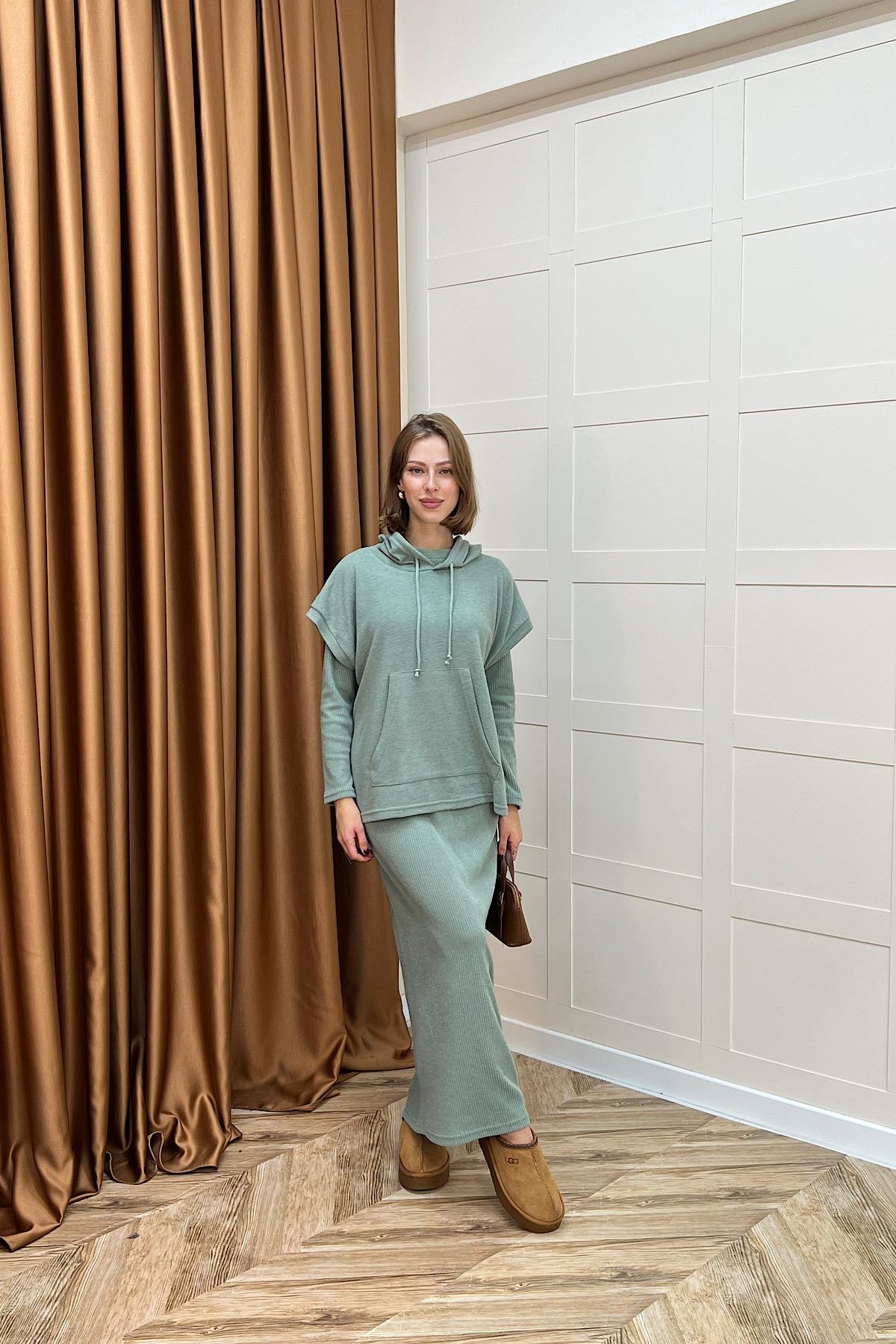 Viyana Kapüşonlu İkili Triko Elbise Yeşil