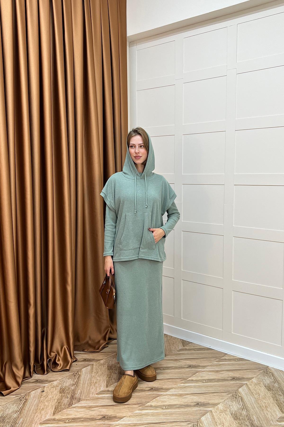 Viyana Kapüşonlu İkili Triko Elbise Yeşil