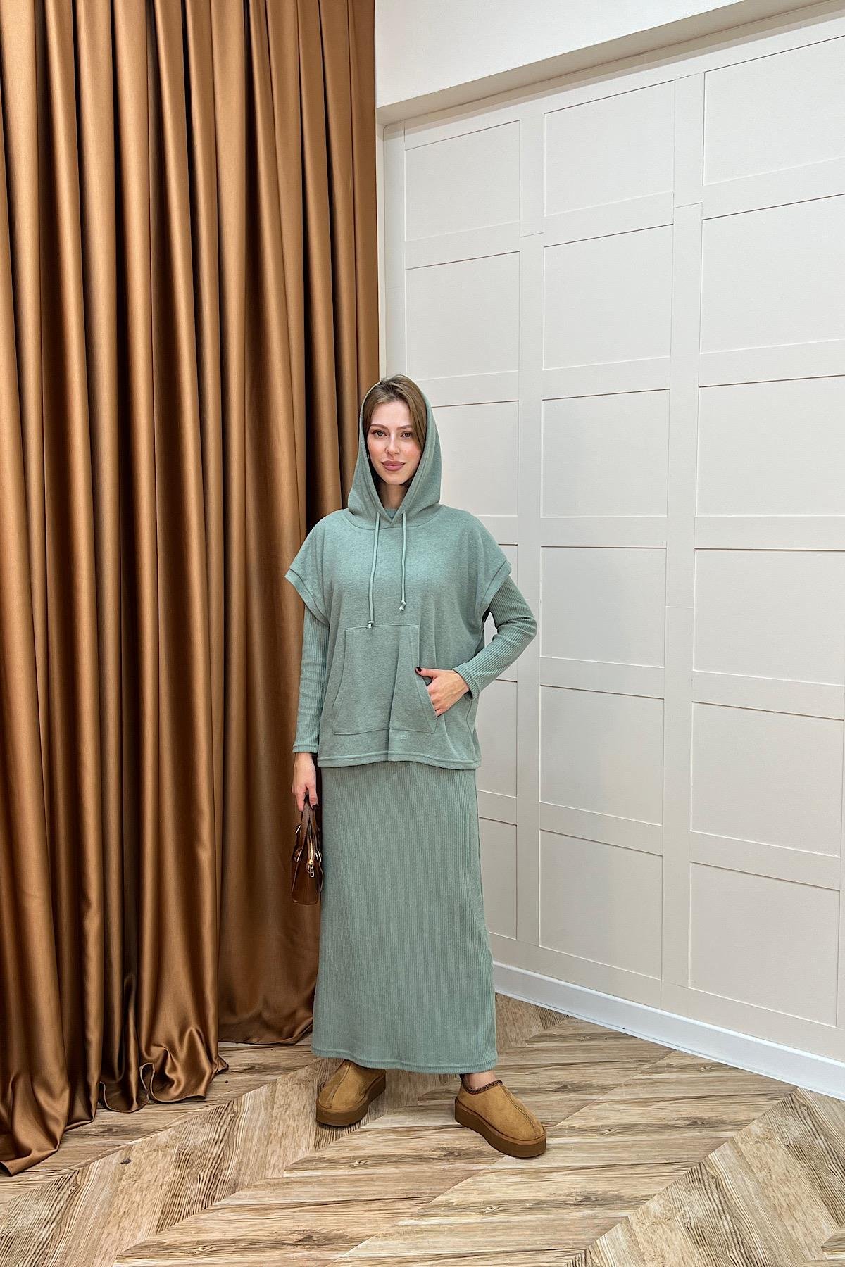 Viyana Kapüşonlu İkili Triko Elbise Yeşil