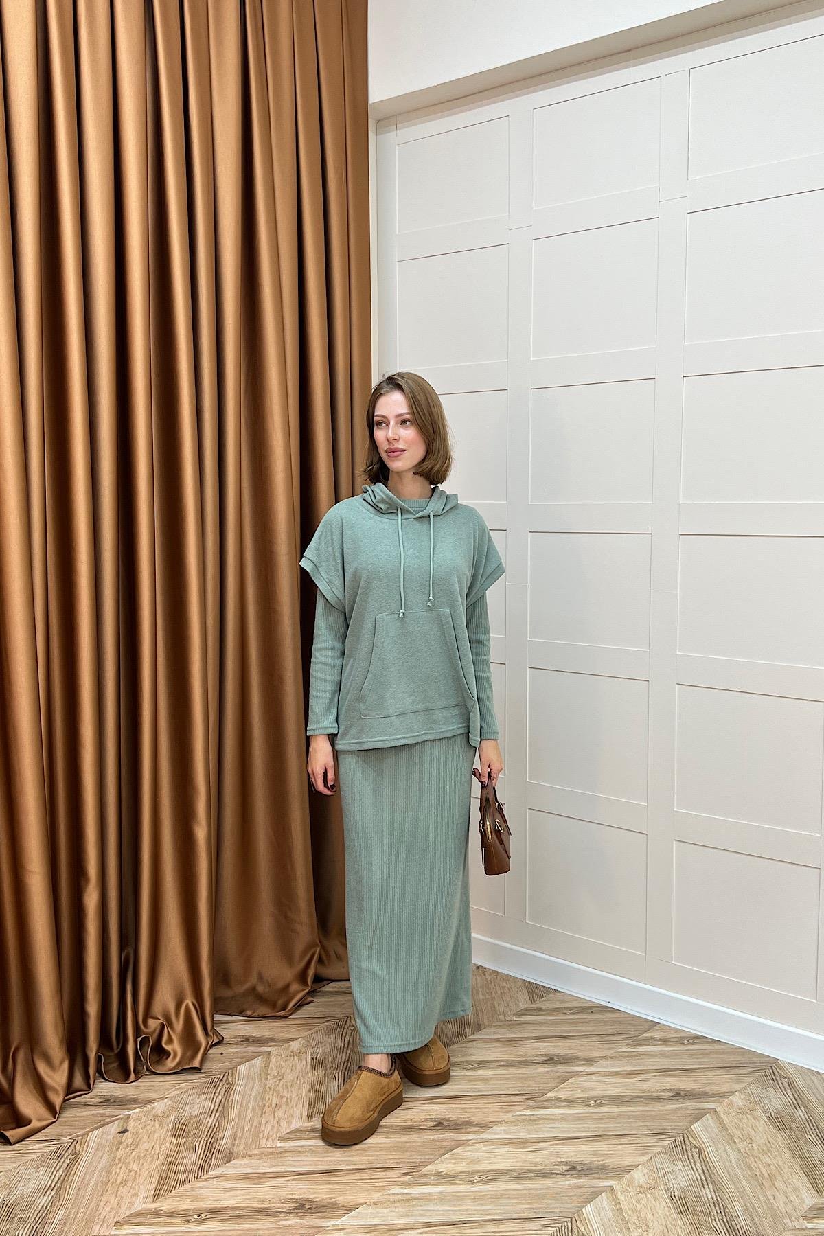 Viyana Kapüşonlu İkili Triko Elbise Yeşil