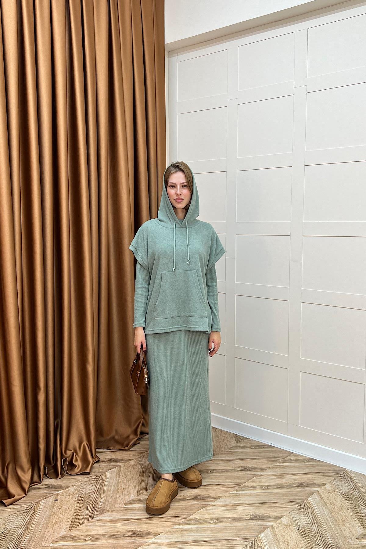 Viyana Kapüşonlu İkili Triko Elbise Yeşil