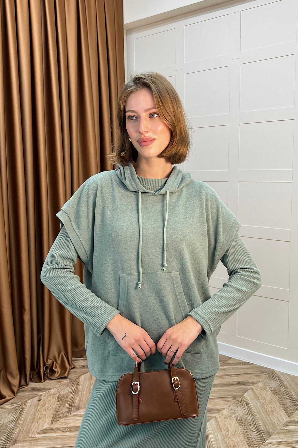 Viyana Kapüşonlu İkili Triko Elbise Yeşil