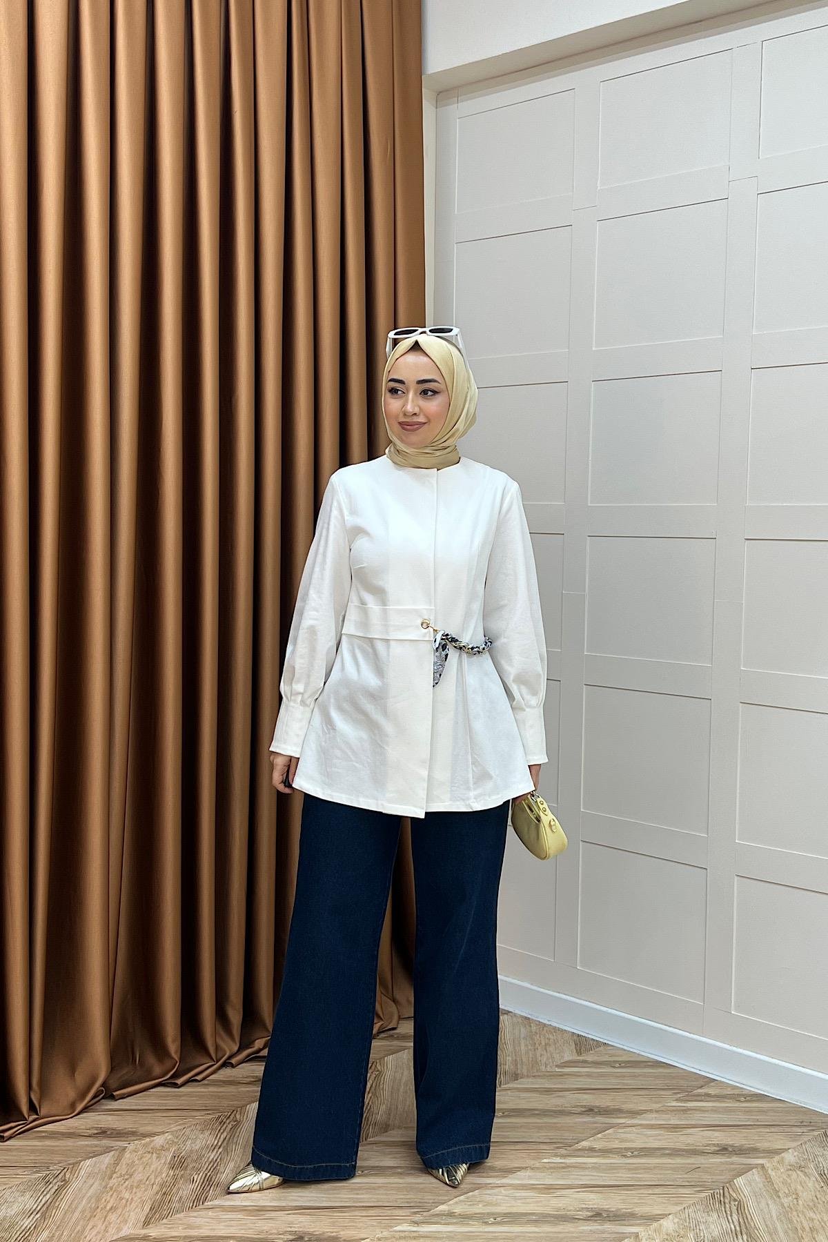 Wanda Fular Kemer Detay Gabardin Kap Beyaz