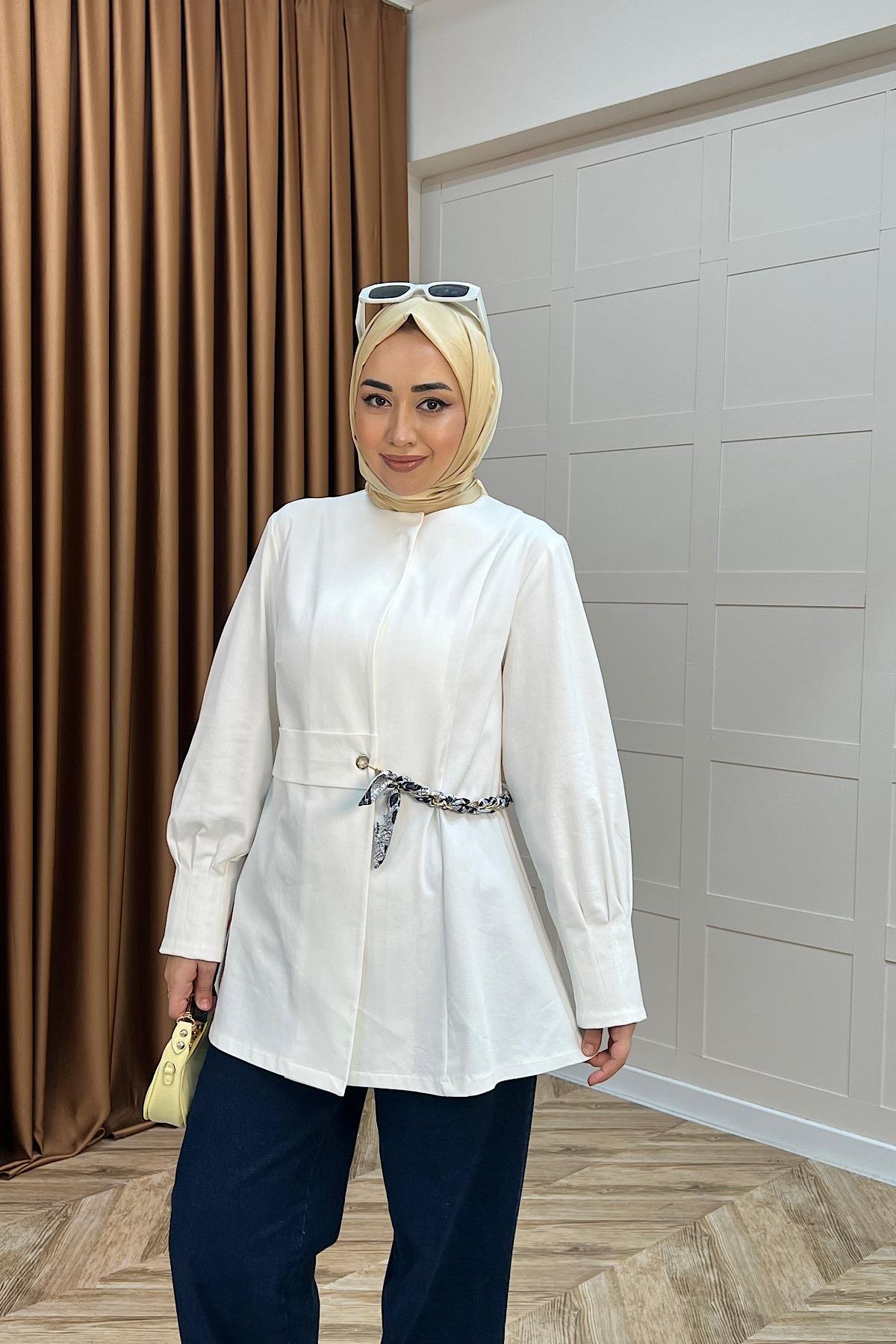 Wanda Fular Kemer Detay Gabardin Kap Beyaz