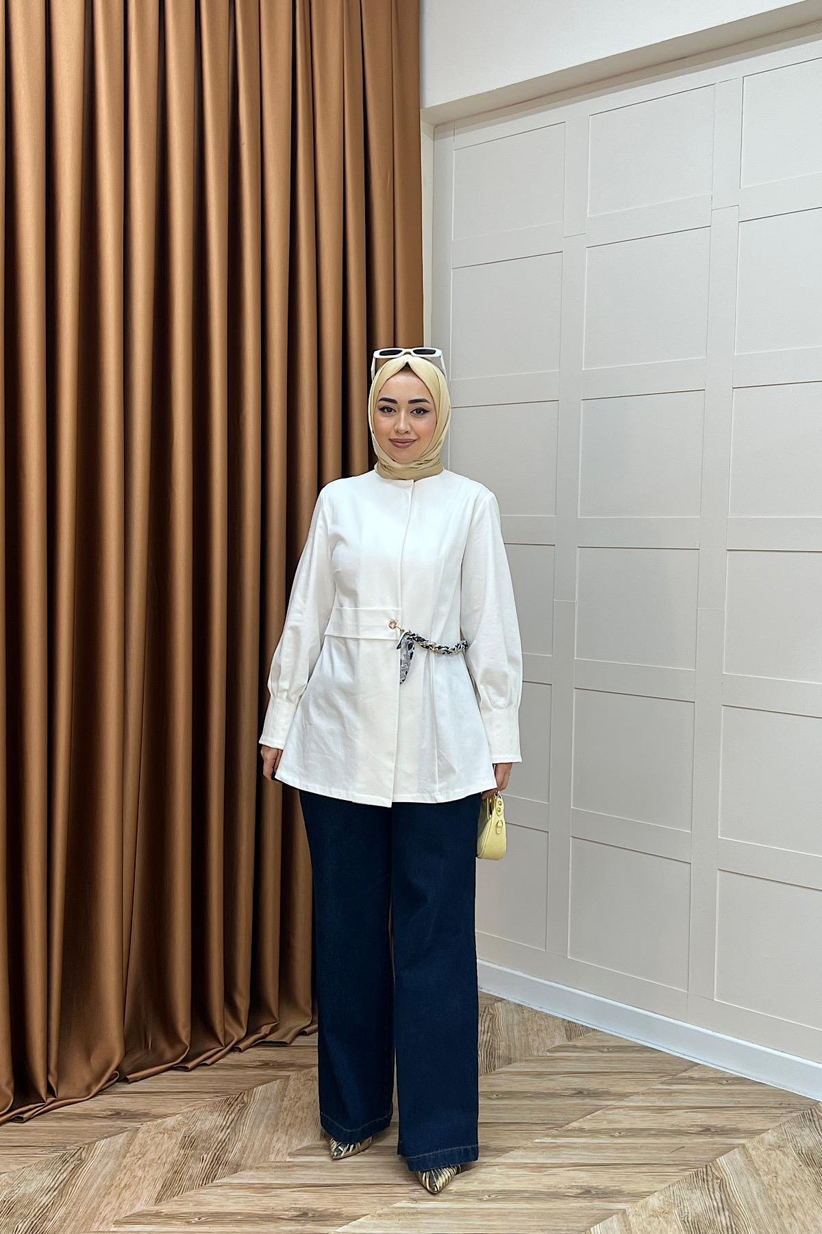 Wanda Fular Kemer Detay Gabardin Kap Beyaz