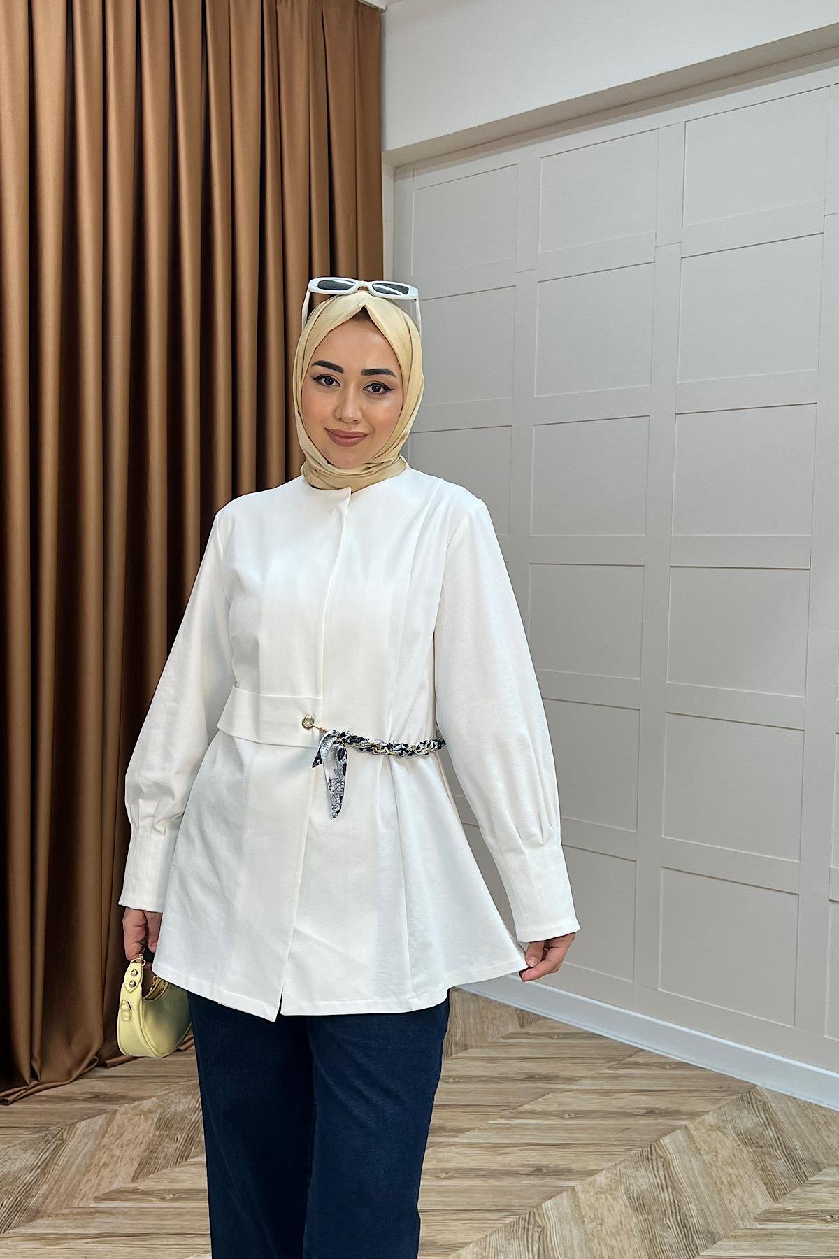 Wanda Fular Kemer Detay Gabardin Kap Beyaz