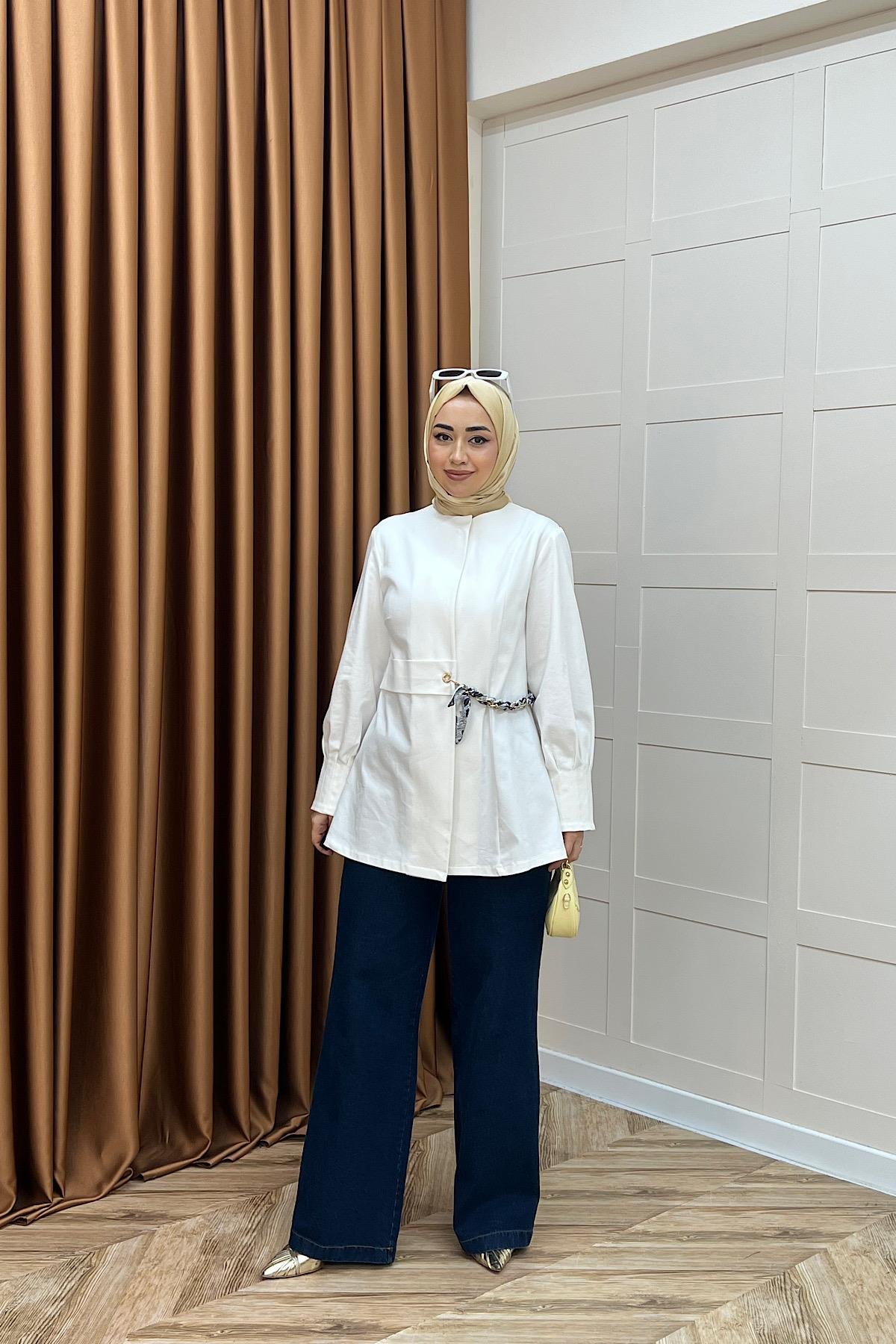 Wanda Fular Kemer Detay Gabardin Kap Beyaz