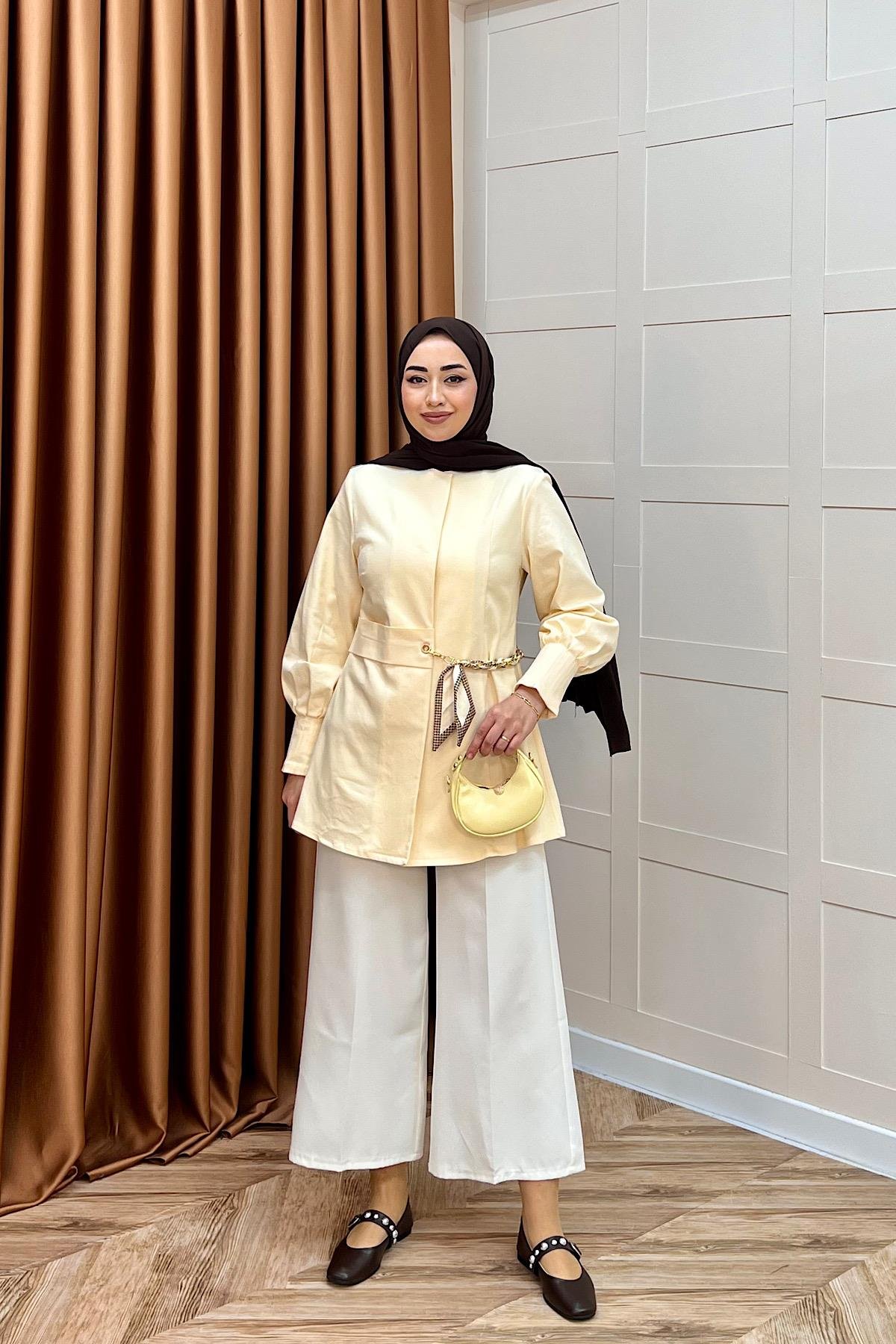 Wanda Fular Kemer Detay Gabardin Kap Sarı