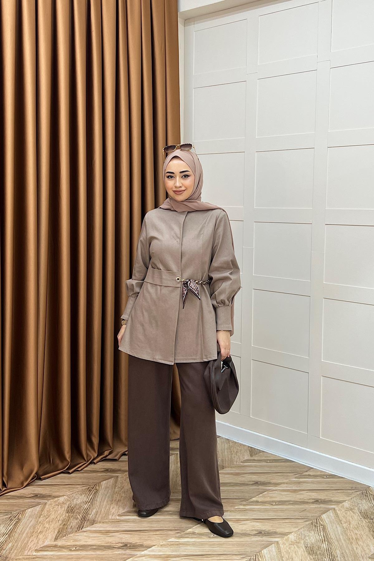 Wanda Fular Kemer Detay Gabardin Kap Vizon