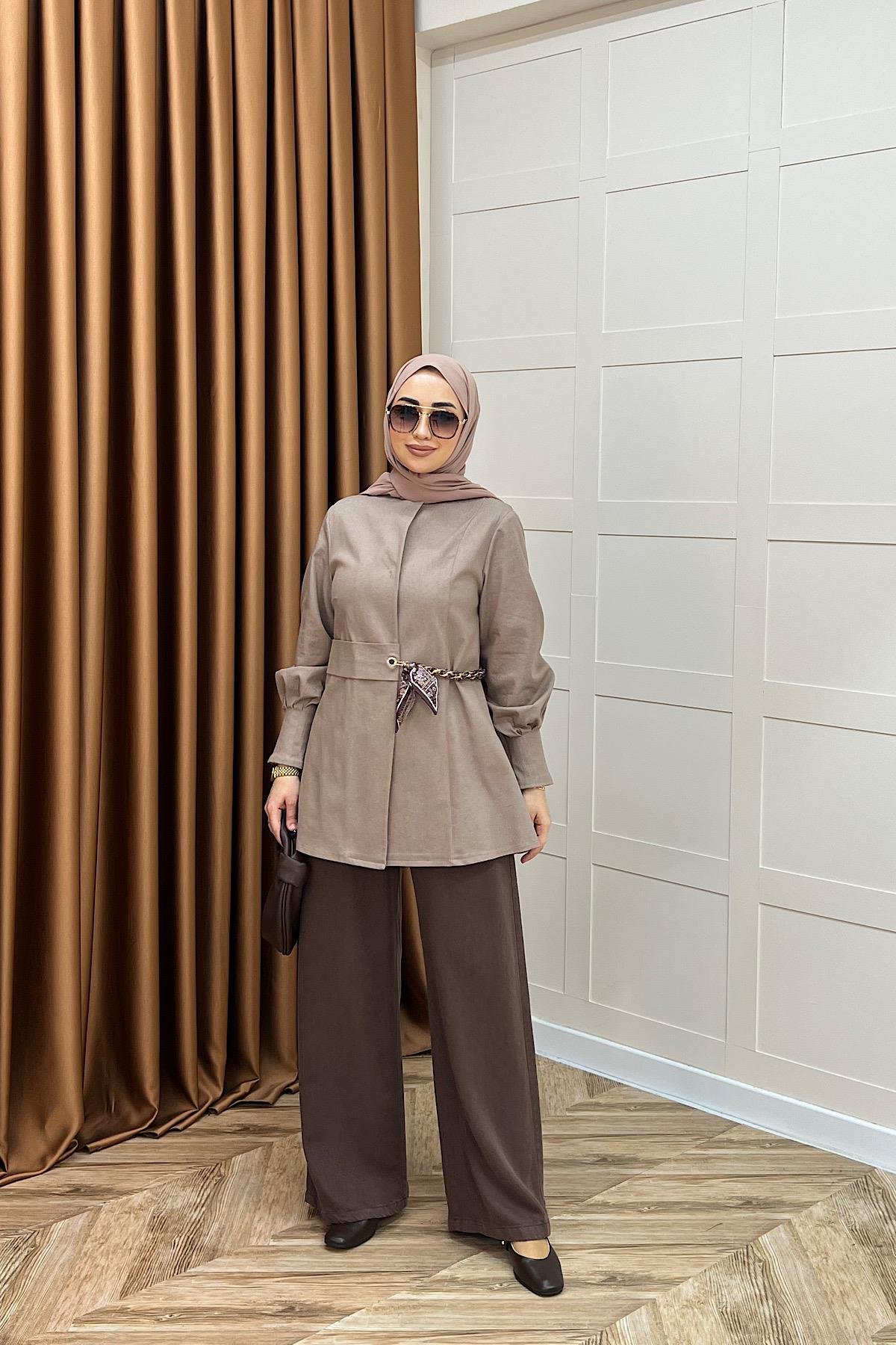 Wanda Fular Kemer Detay Gabardin Kap Vizon