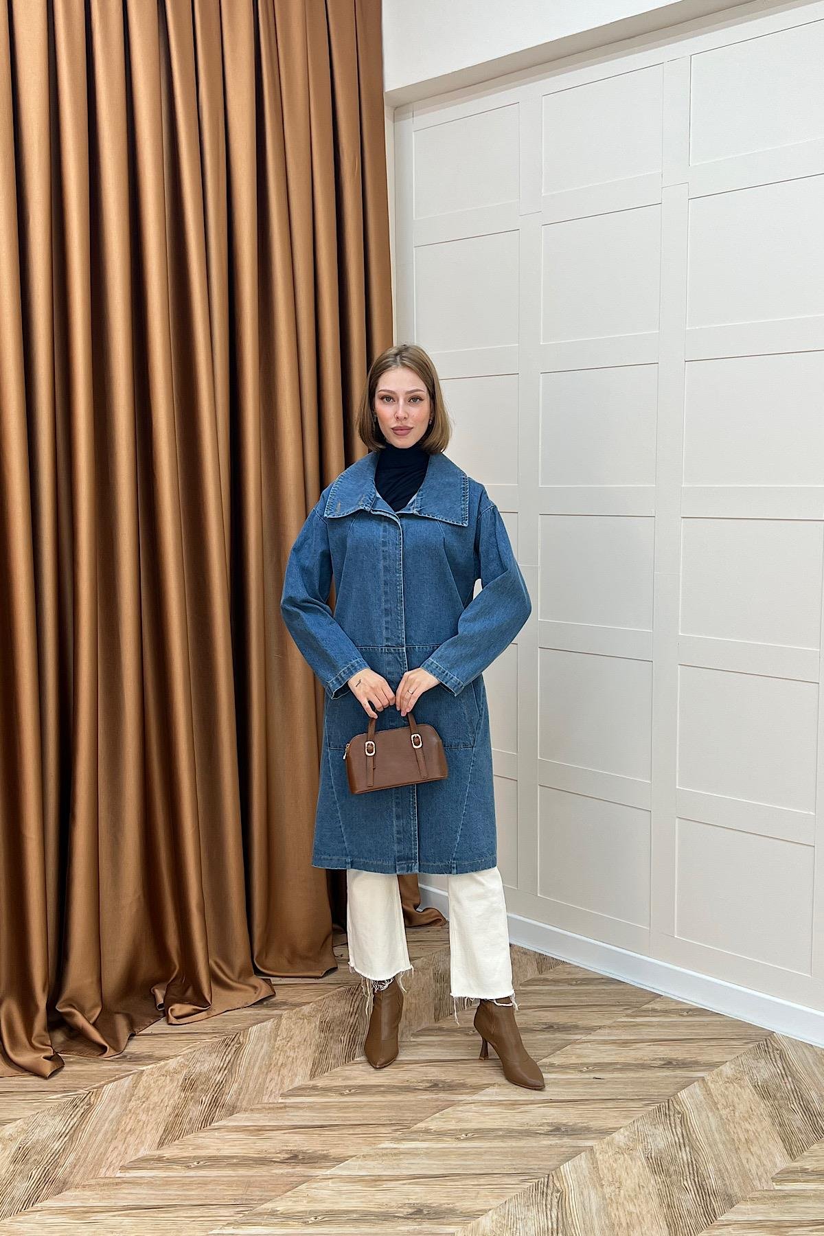 Yaka Detay Kot Ceket Mavi