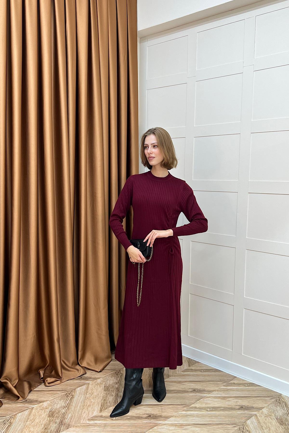 Yandan Büzgülü Triko Elbise Bordo