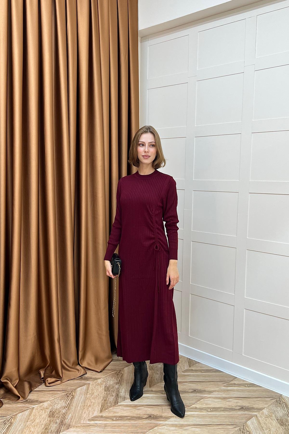 Yandan Büzgülü Triko Elbise Bordo