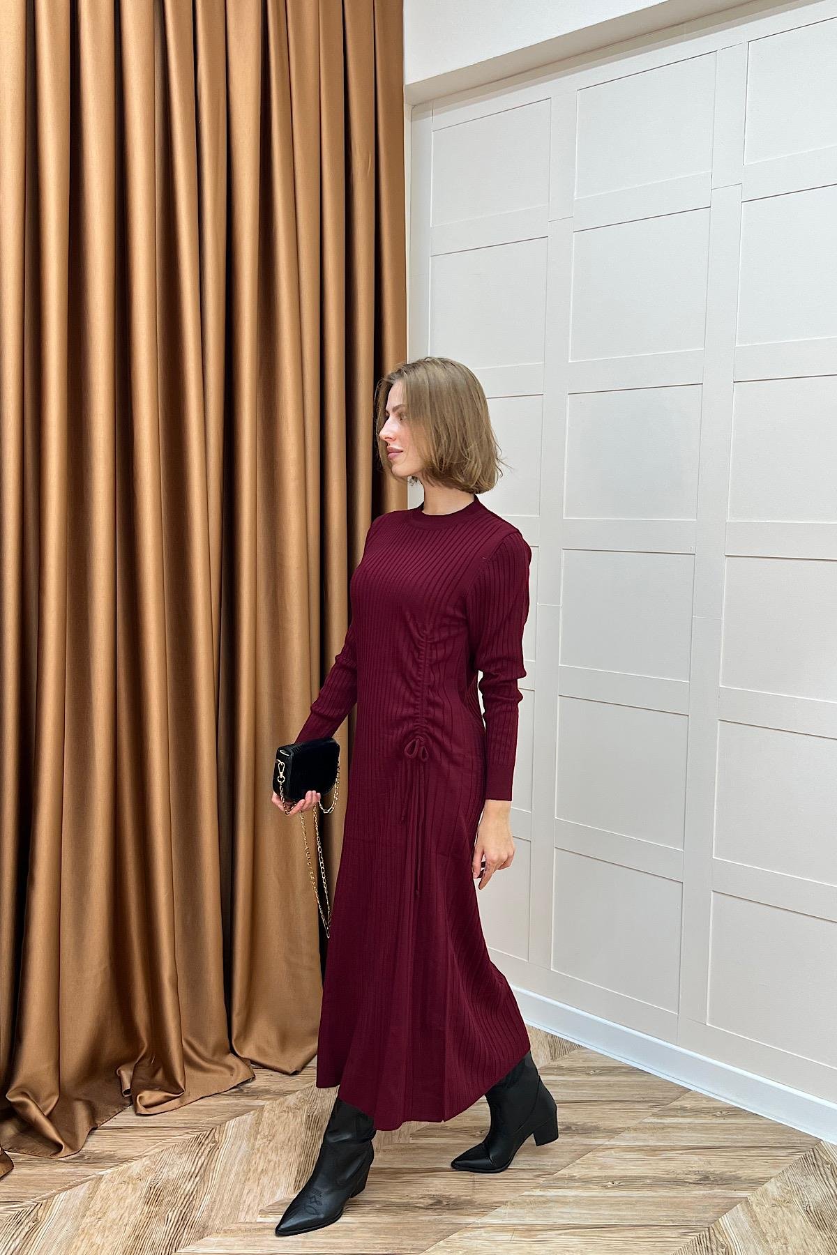 Yandan Büzgülü Triko Elbise Bordo