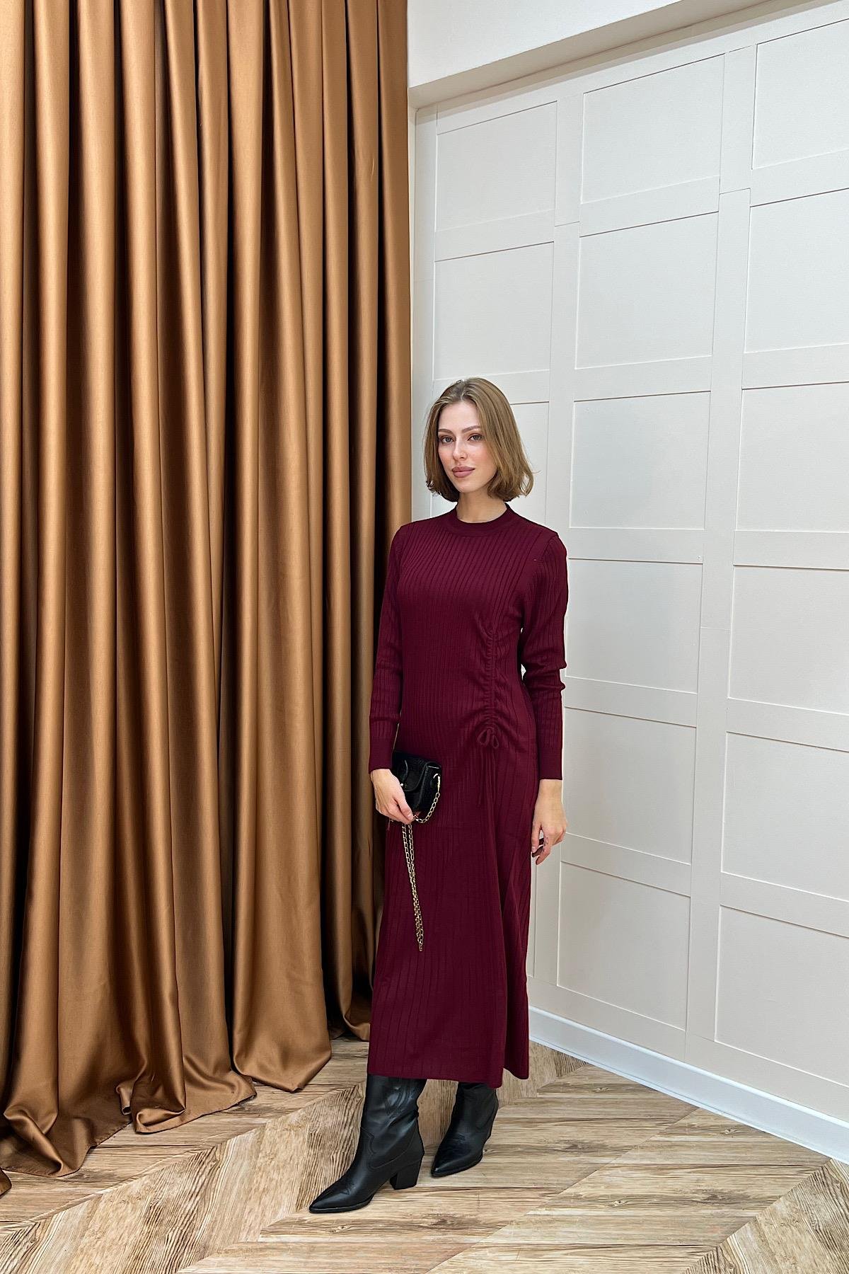 Yandan Büzgülü Triko Elbise Bordo