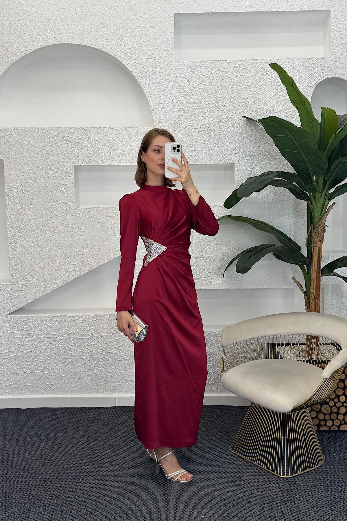 Yanı Taşlı Saten Abiye Bordo