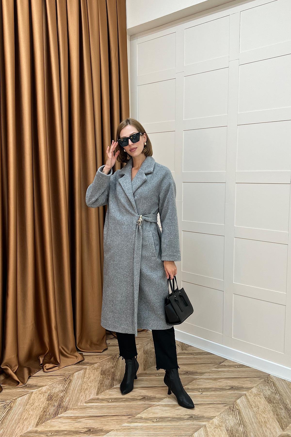 Yaren Premium Kumaş Broş Detay Kaban Gri