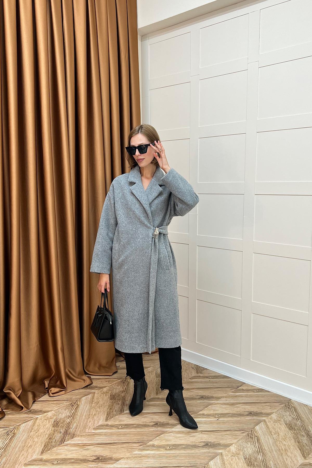 Yaren Premium Kumaş Broş Detay Kaban Gri