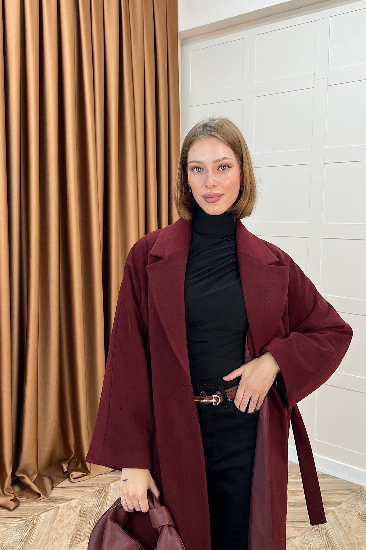 Yıldız Premium Kumaş Kuşaklı Kaban Bordo