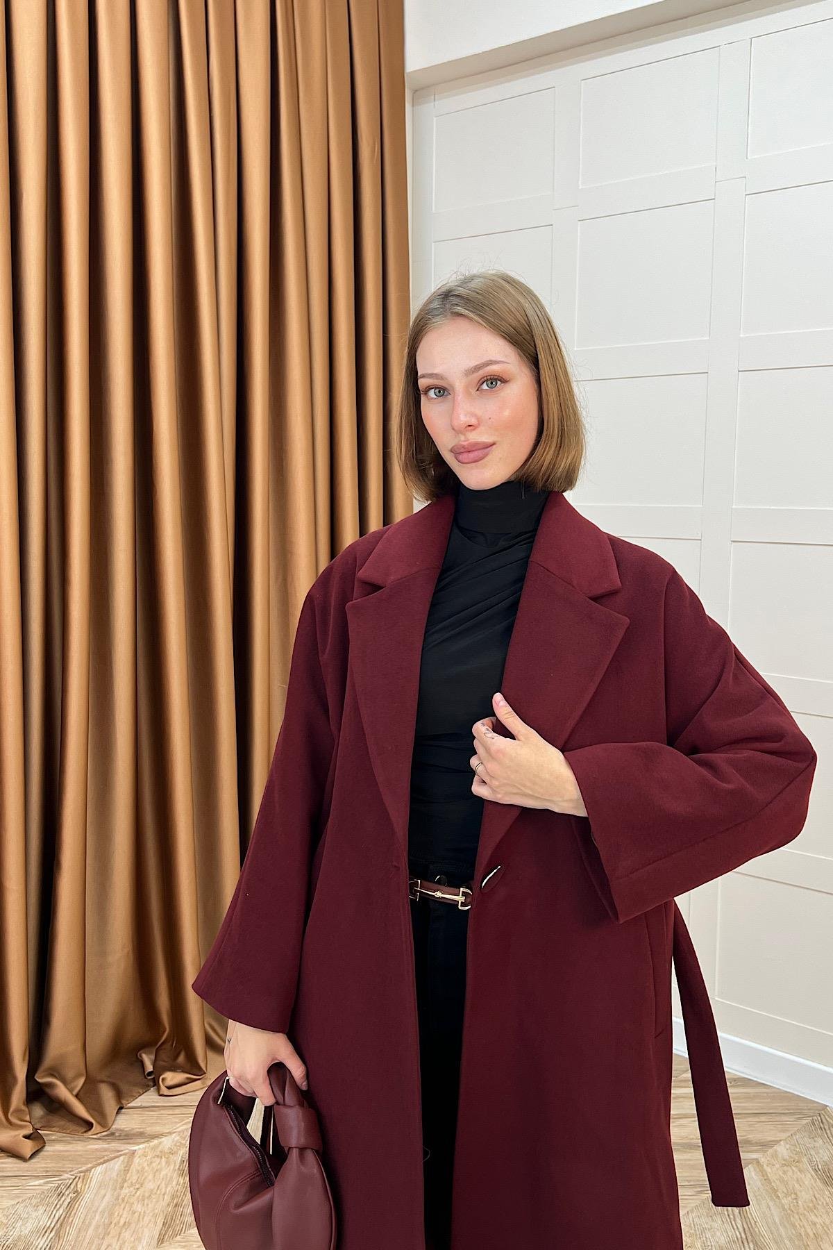 Yıldız Premium Kumaş Kuşaklı Kaban Bordo