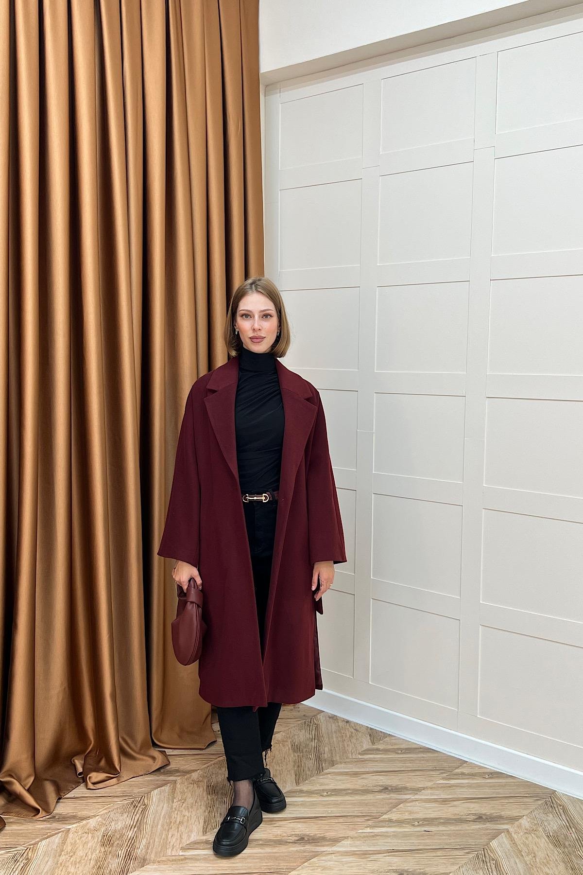 Yıldız Premium Kumaş Kuşaklı Kaban Bordo