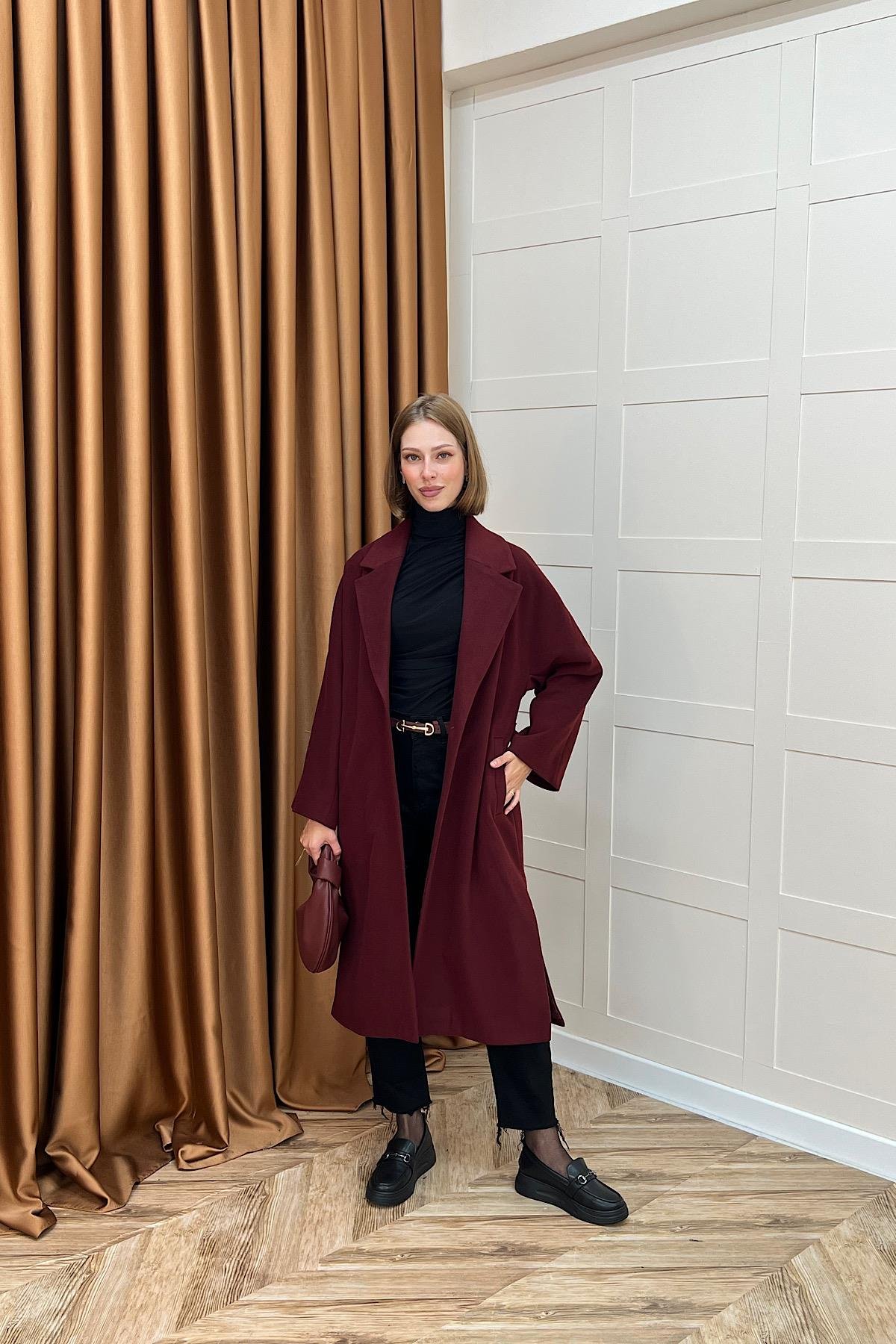 Yıldız Premium Kumaş Kuşaklı Kaban Bordo