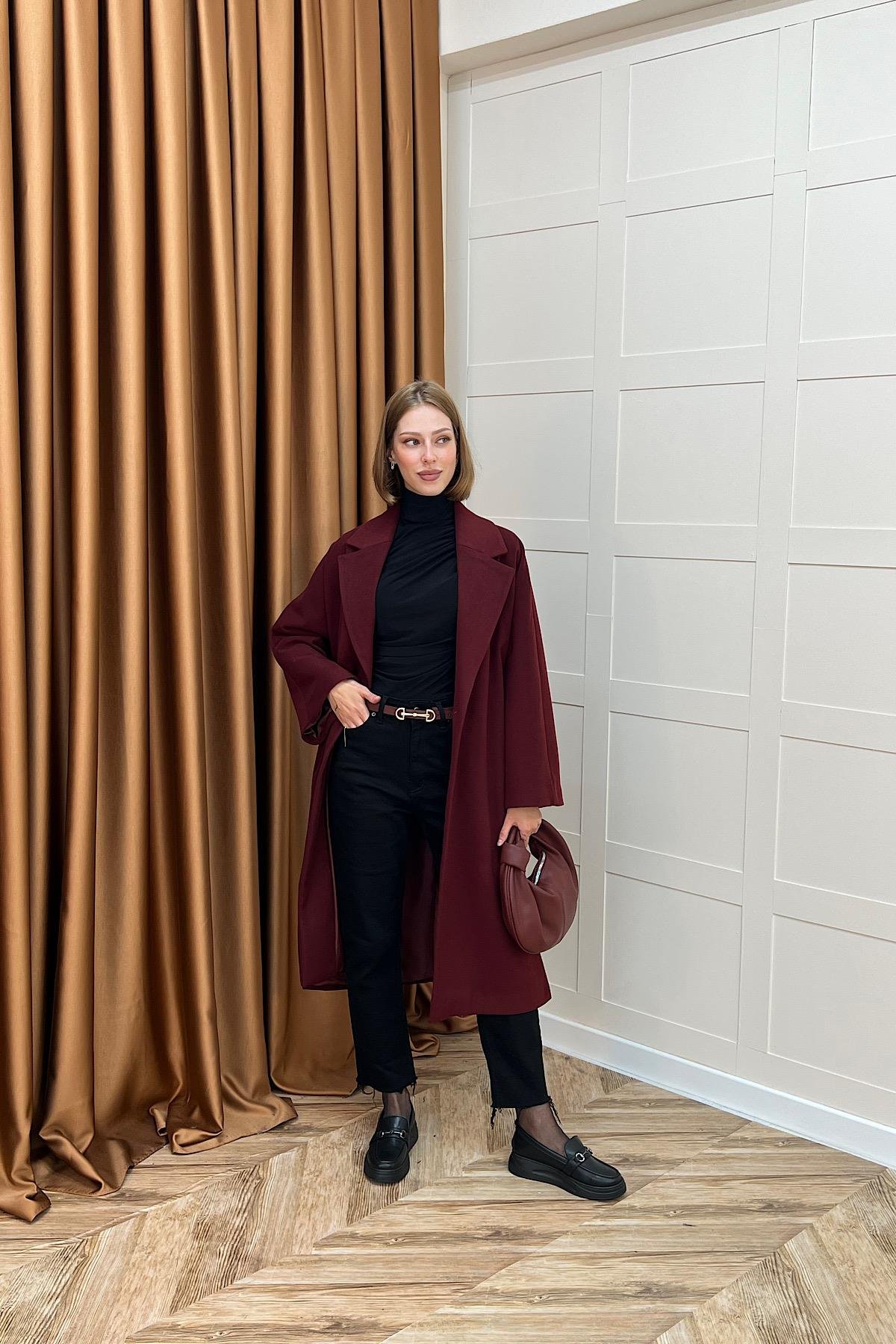 Yıldız Premium Kumaş Kuşaklı Kaban Bordo