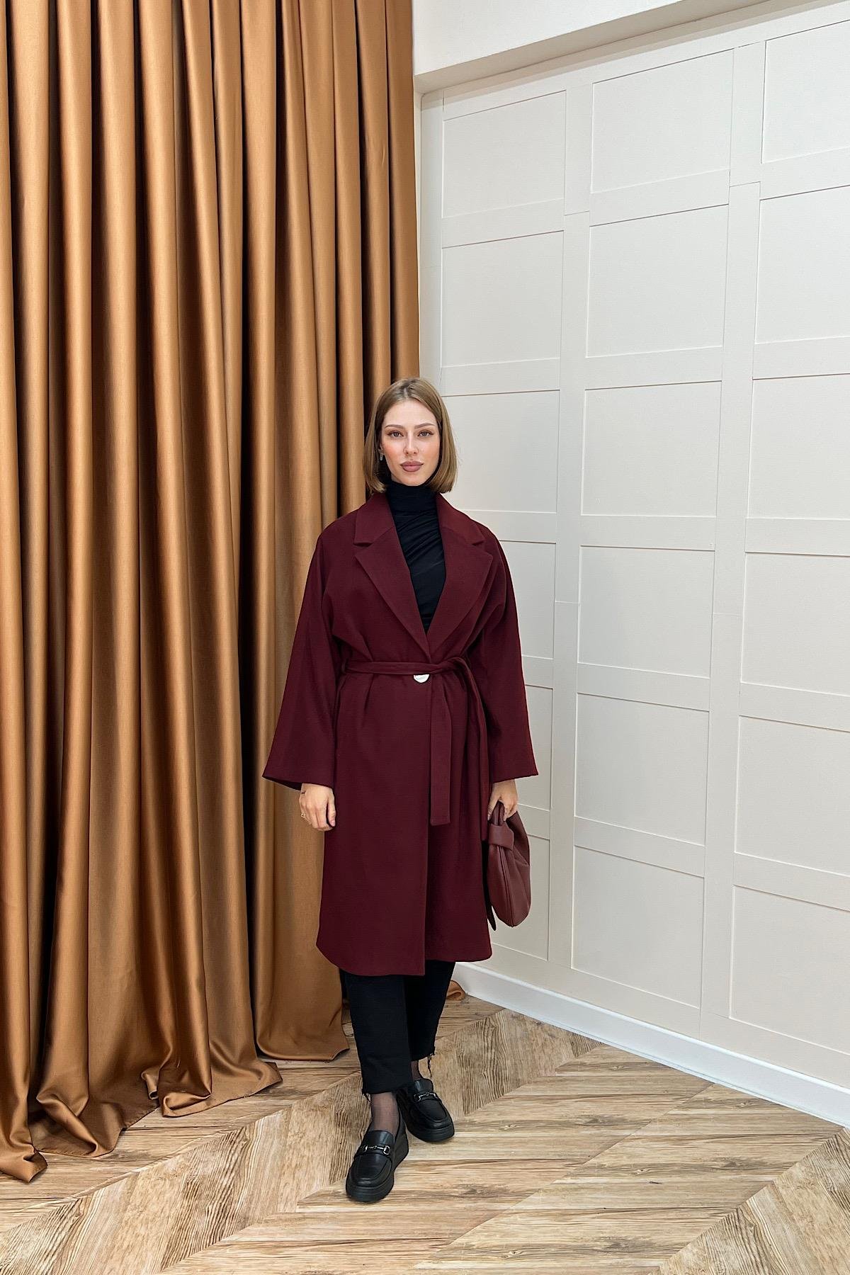 Yıldız Premium Kumaş Kuşaklı Kaban Bordo