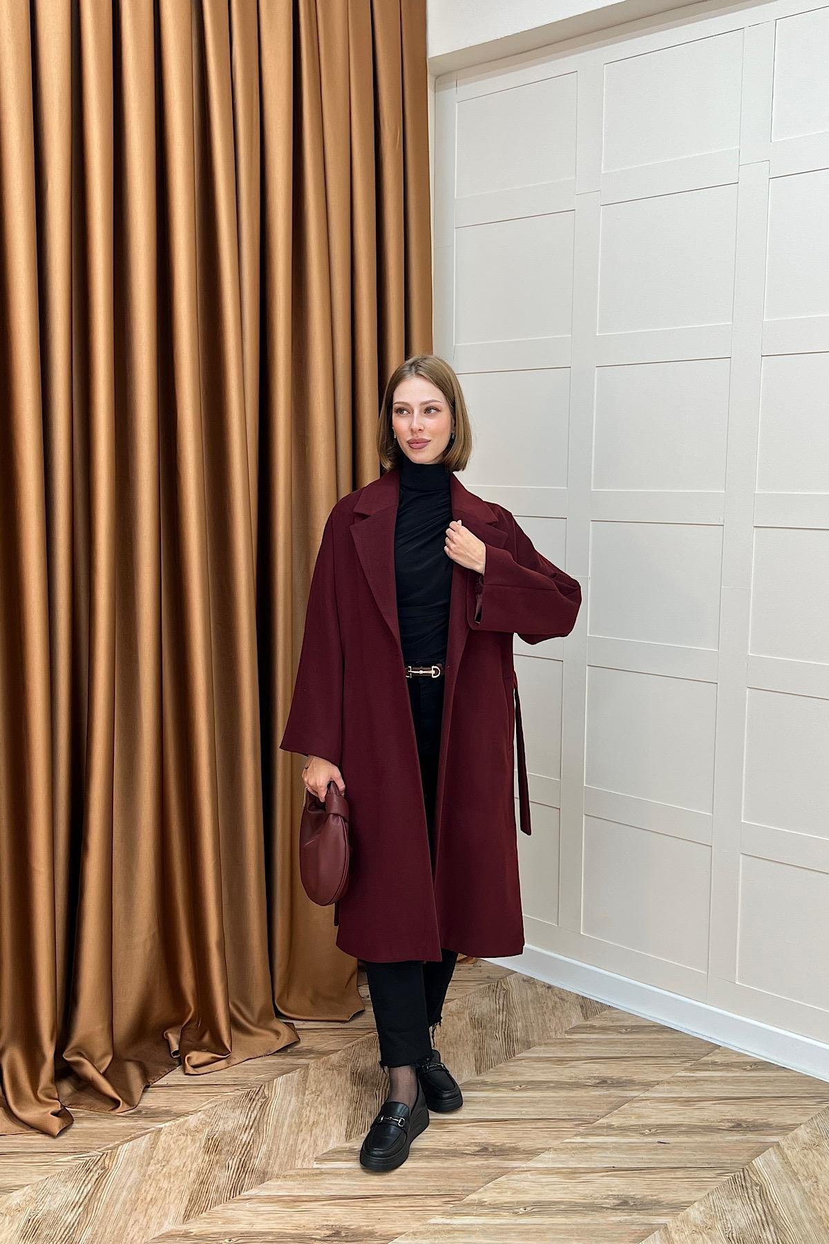 Yıldız Premium Kumaş Kuşaklı Kaban Bordo