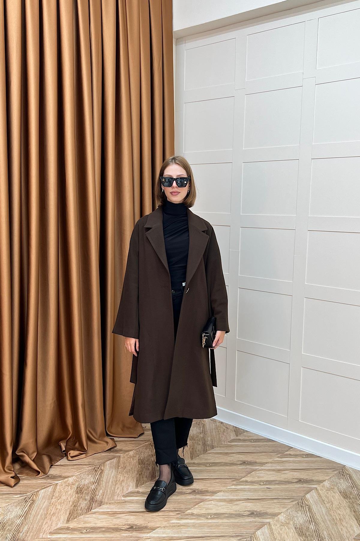 Yıldız Premium Kumaş Kuşaklı Kaban Kahverengi