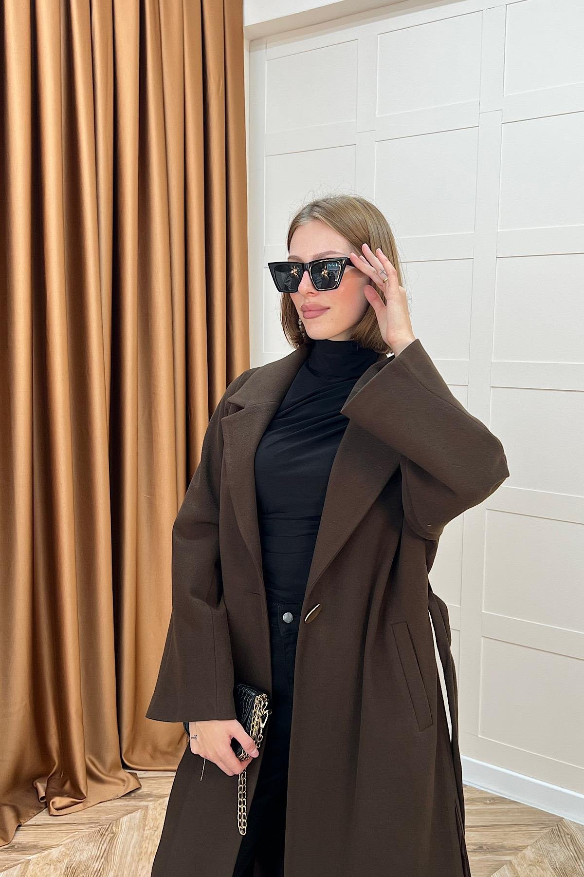 Yıldız Premium Kumaş Kuşaklı Kaban Kahverengi