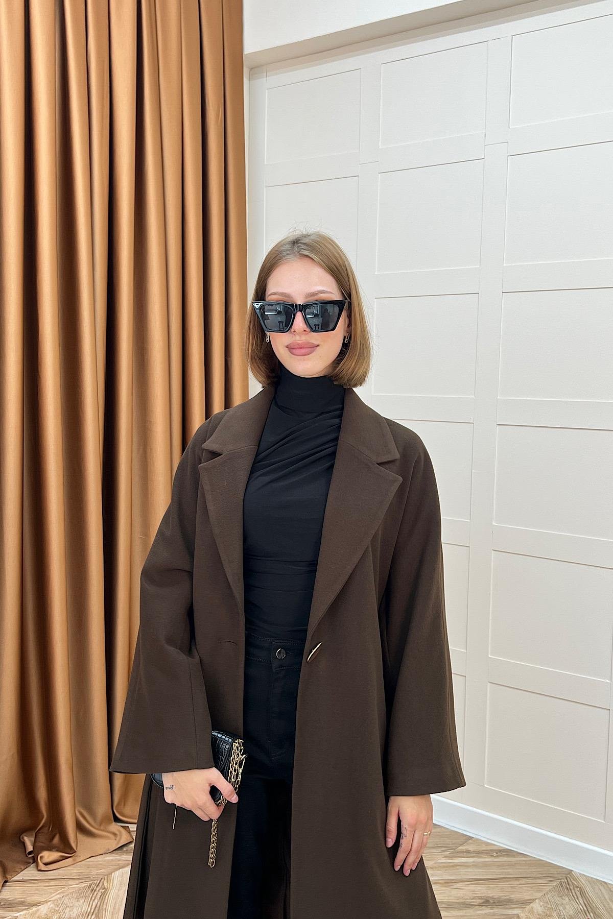 Yıldız Premium Kumaş Kuşaklı Kaban Kahverengi