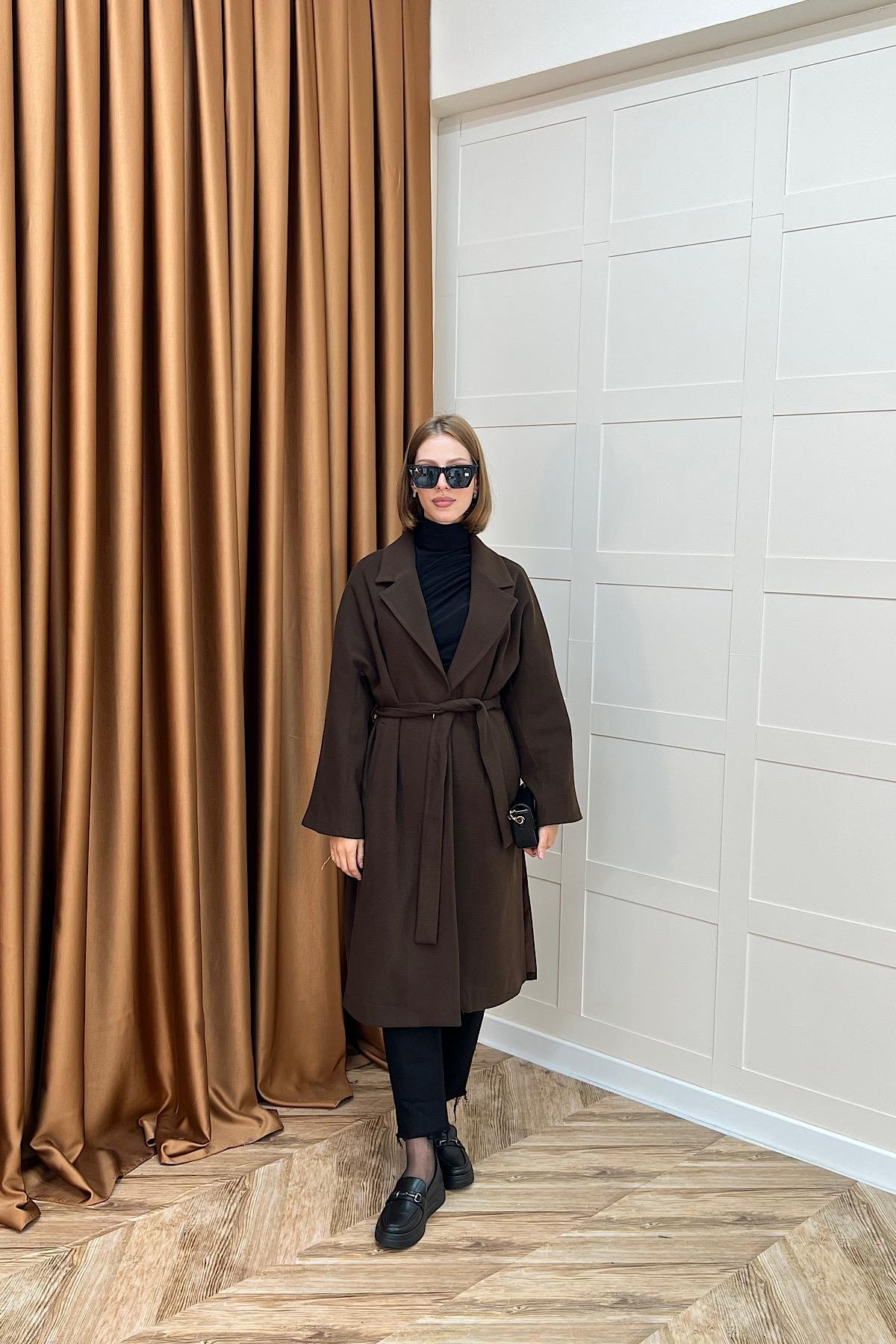 Yıldız Premium Kumaş Kuşaklı Kaban Kahverengi