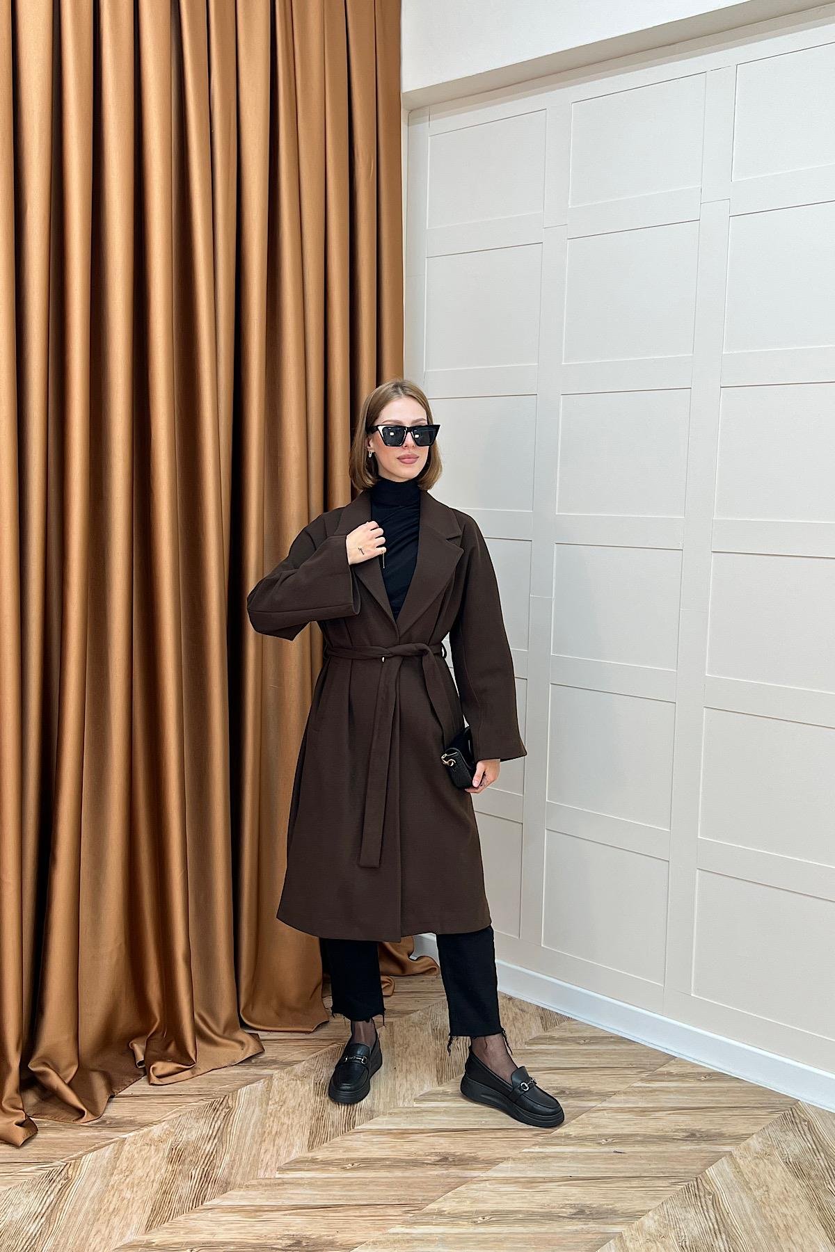 Yıldız Premium Kumaş Kuşaklı Kaban Kahverengi