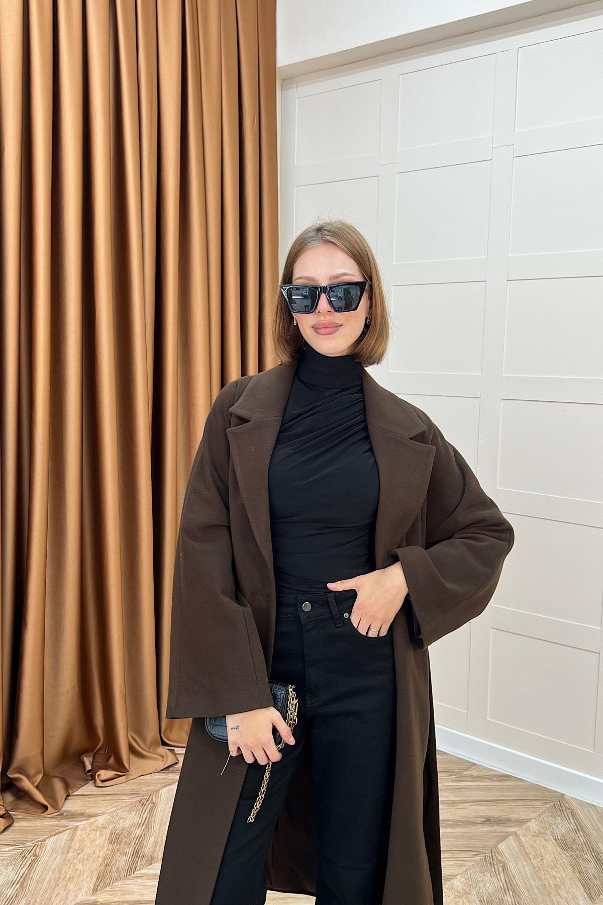 Yıldız Premium Kumaş Kuşaklı Kaban Kahverengi