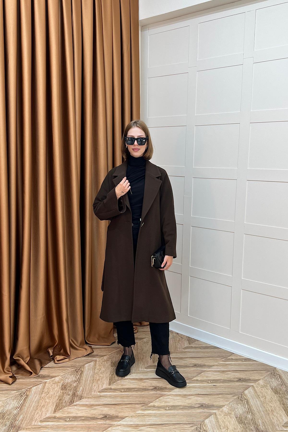 Yıldız Premium Kumaş Kuşaklı Kaban Kahverengi