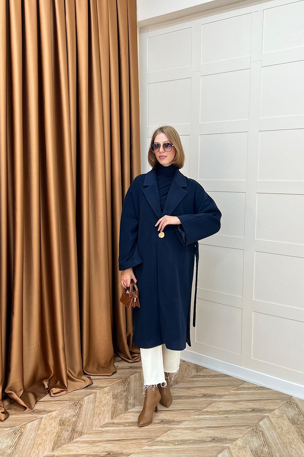 Yıldız Premium Kumaş Kuşaklı Kaban Lacivert