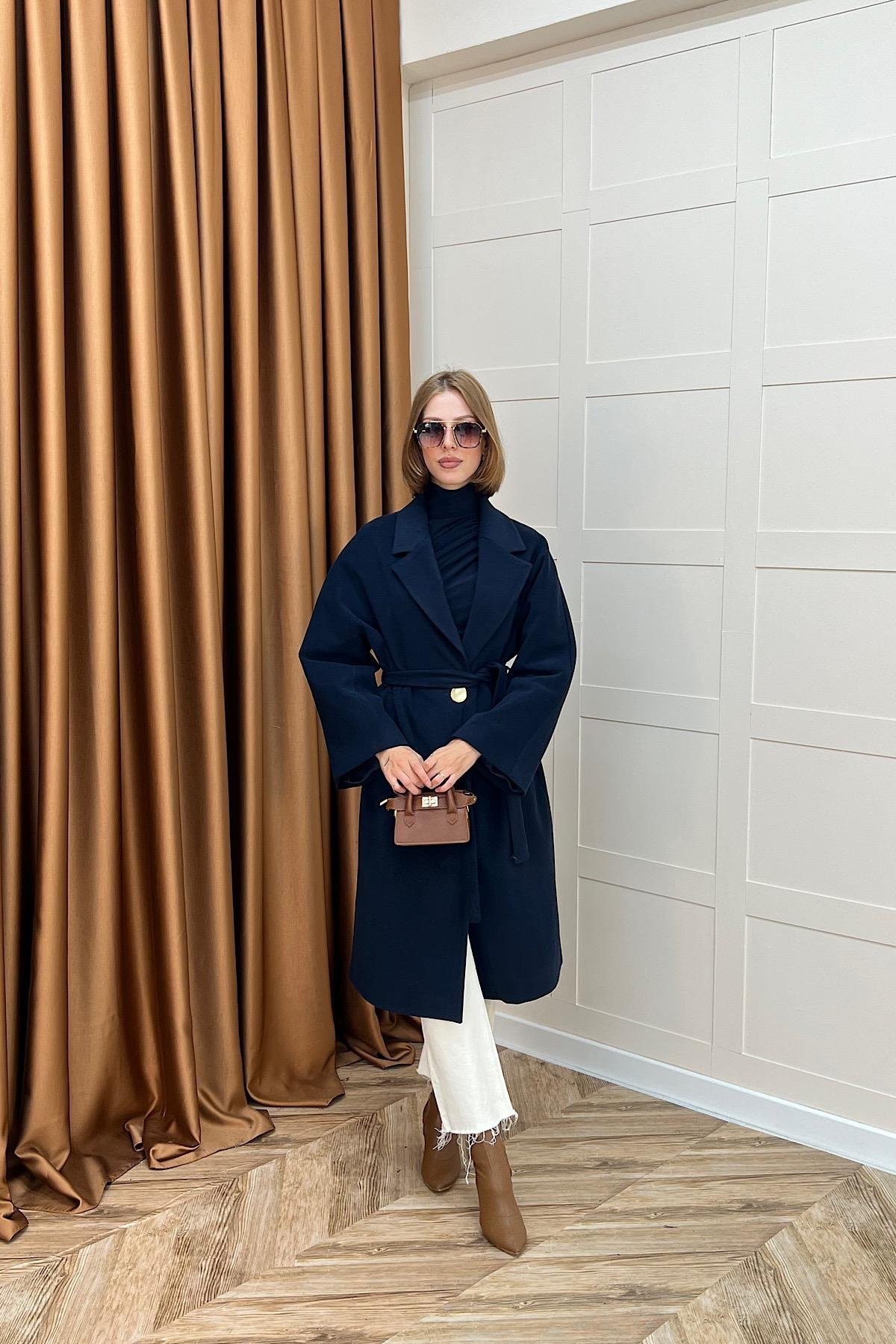 Yıldız Premium Kumaş Kuşaklı Kaban Lacivert