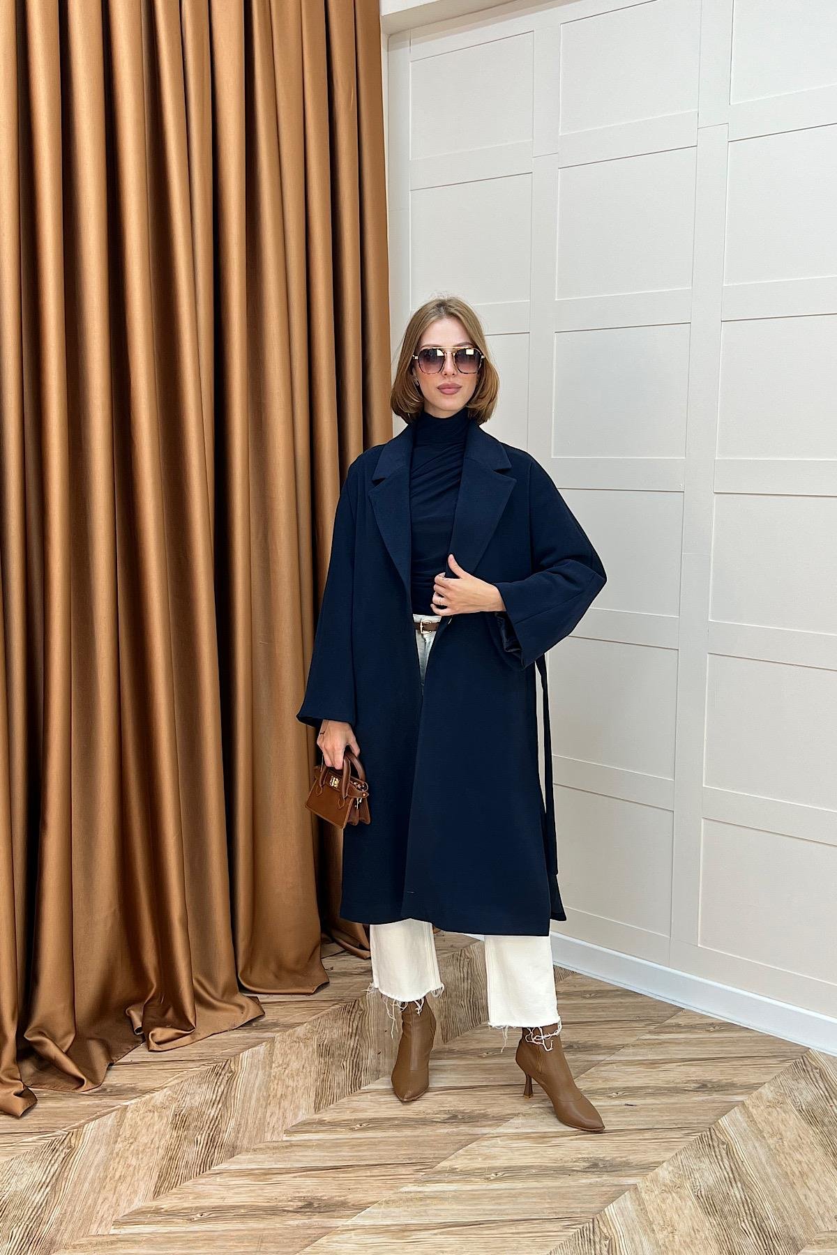 Yıldız Premium Kumaş Kuşaklı Kaban Lacivert